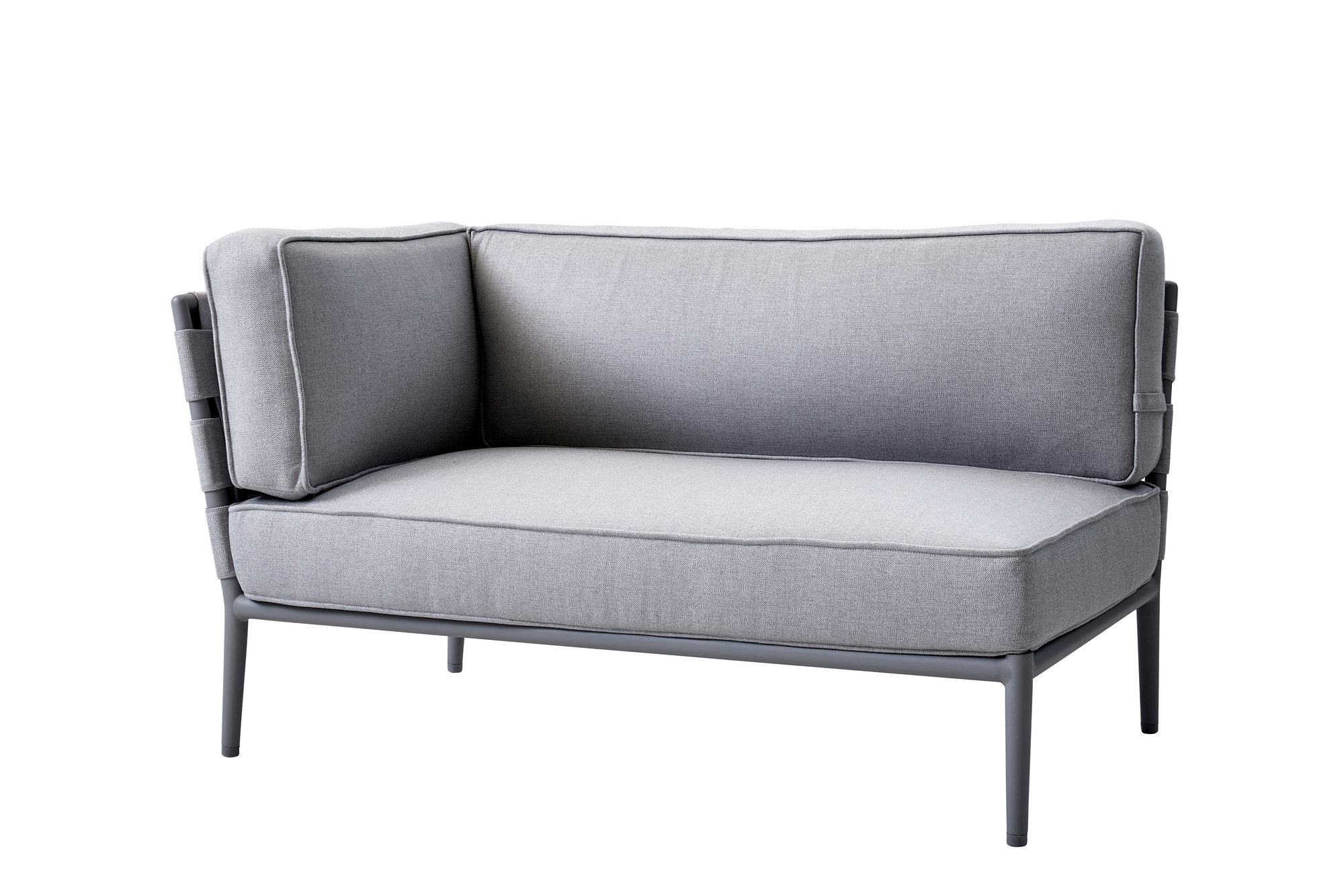 Conic AirTouch Modulsofa: Hellgraues 2-Sitzer Outdoor Sofa mit rechtem Armteil von Cane-Line. Gartenmöbel für Terrasse.