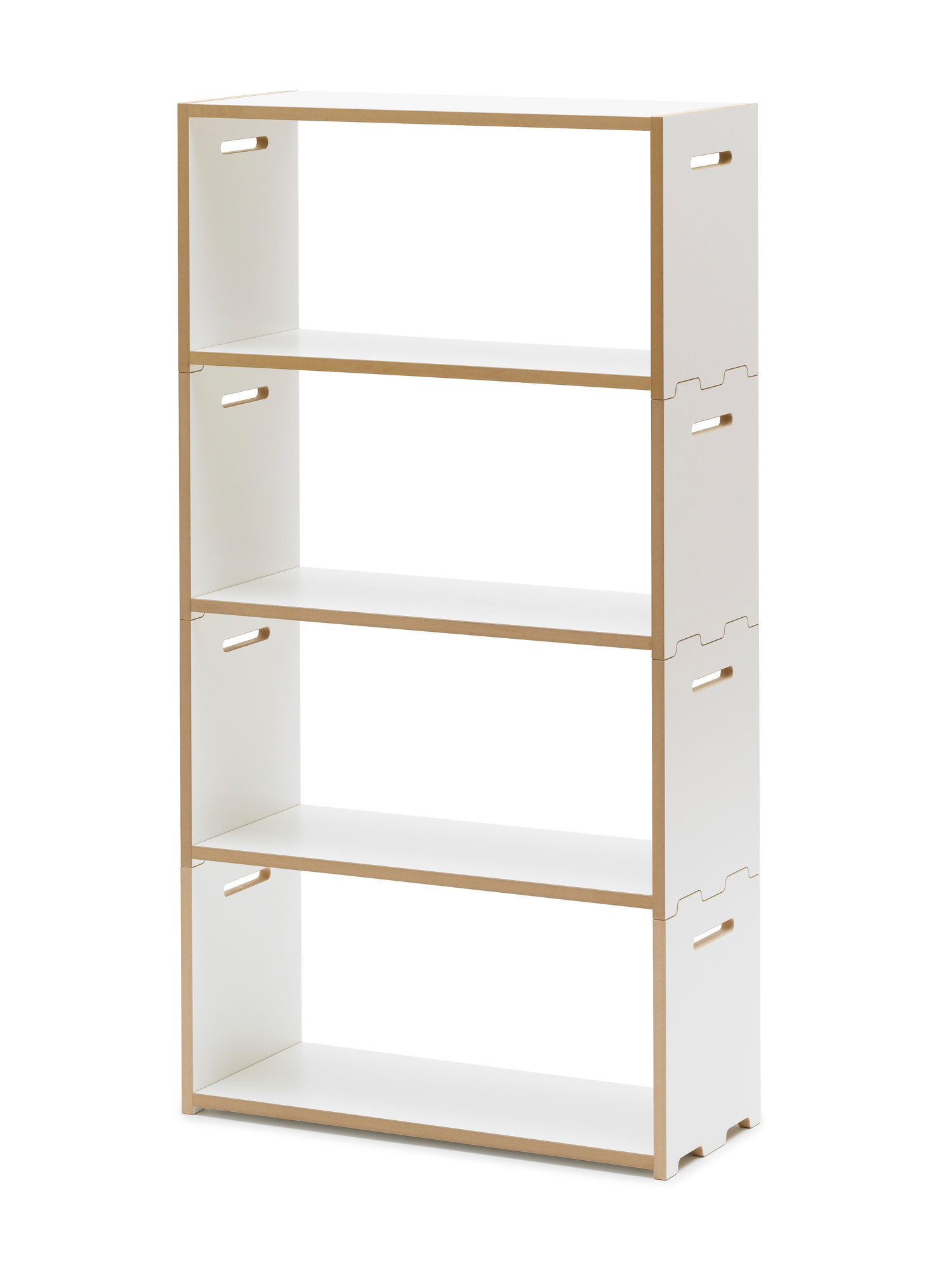 Tojo Hochstapler Regal Anbaumodul mit vier Fächern, weißes Holz, modernes Design für Wohnzimmer und Büro.