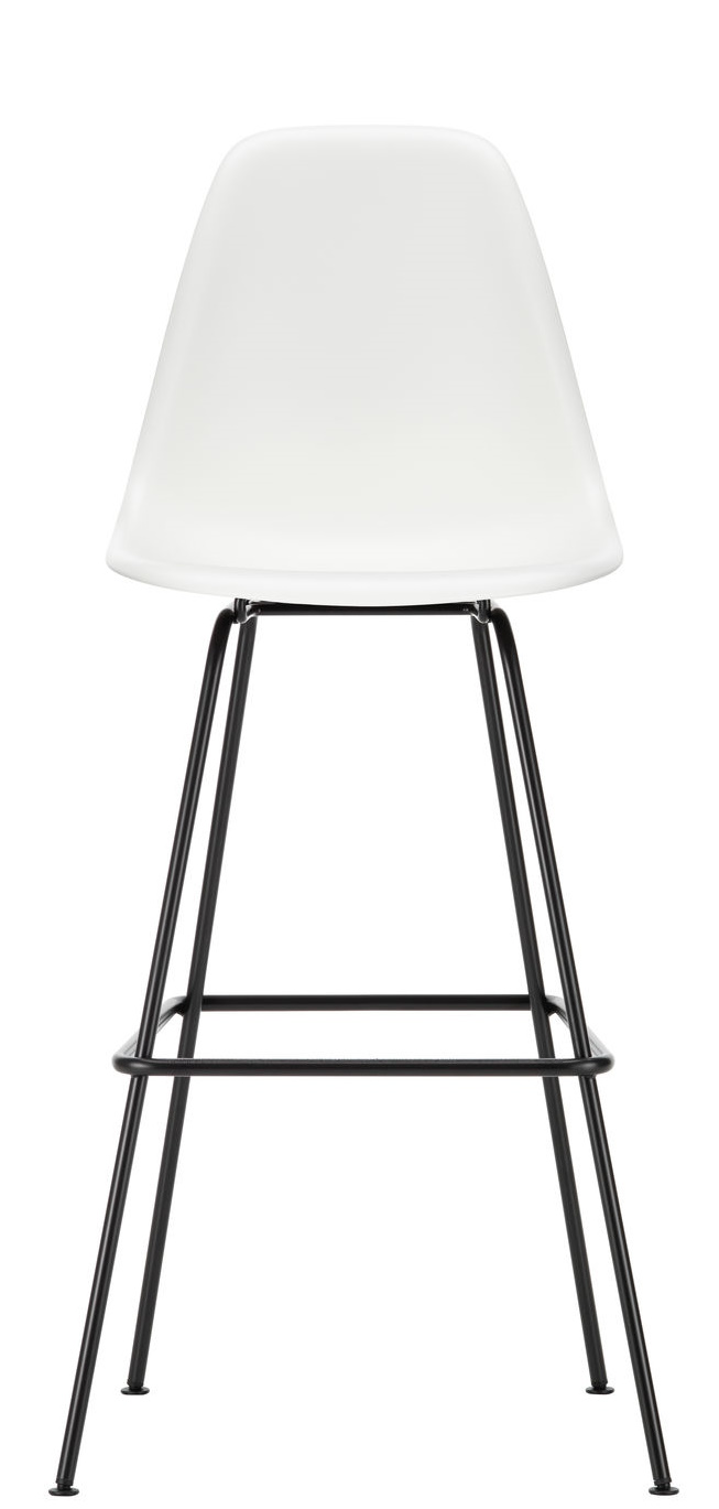 Vitra Eames Plastic Bar Stool in Weiß mit schwarzem Metallgestell, hohe Sitzgelegenheit.