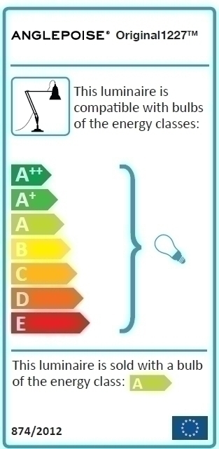 Energieeffizienzlabel der Anglepoise Original 1227 Tischleuchte, kompatibel mit Leuchtmitteln der Energieklassen A++ bis E.