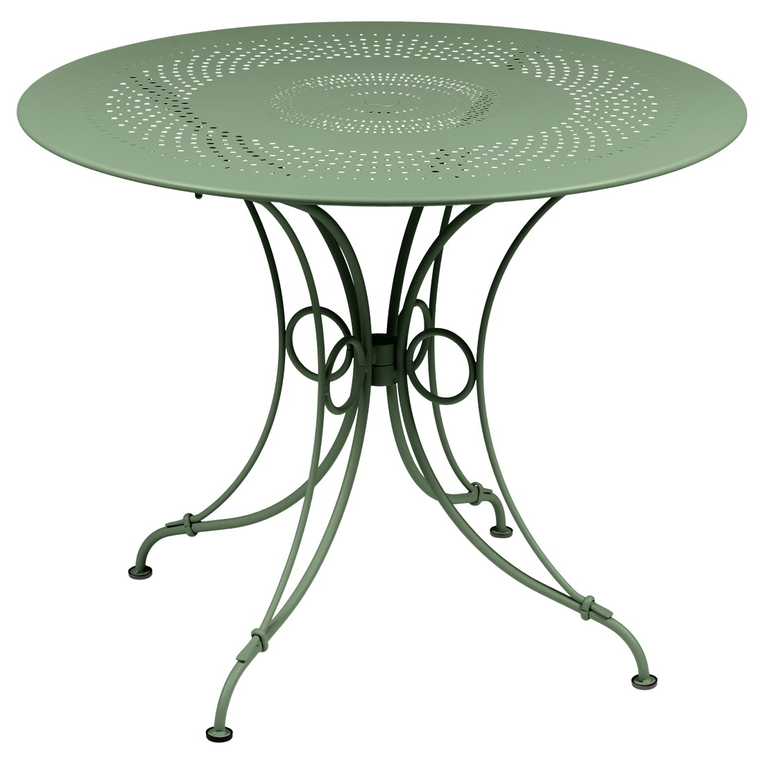 Grüner Fermob 1900 Gartentisch mit runder, perforierter Tischplatte und filigranem Stahlgestell.