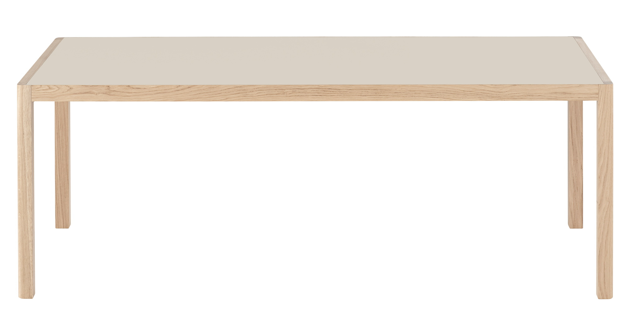Muuto Workshop Table Tisch mit rechteckiger, beiger Tischplatte und hellem Holzgestell, freigestellt.
