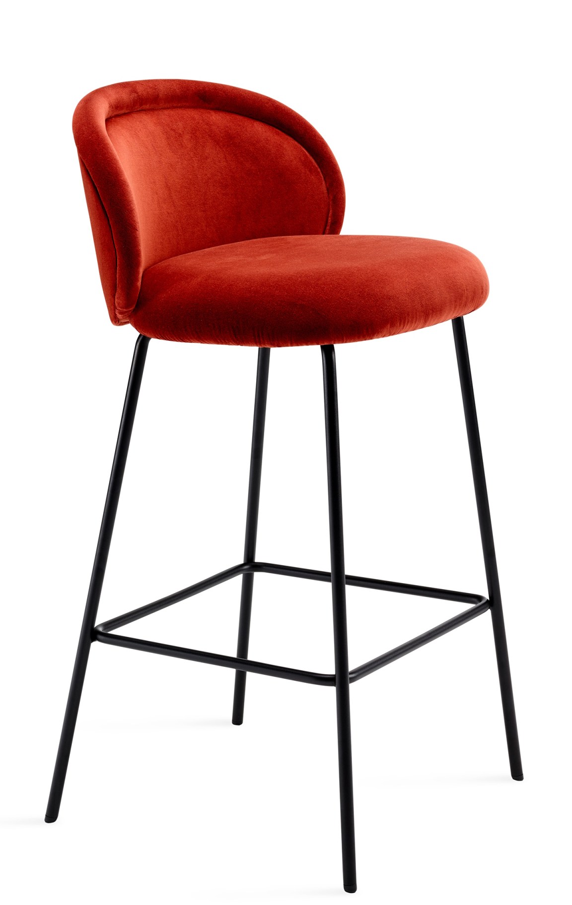 Ona Counterstool Barhocker von Freifrau Manufaktur, roter Samtbezug und schwarzes Metallgestell, modernes Küchendesign.