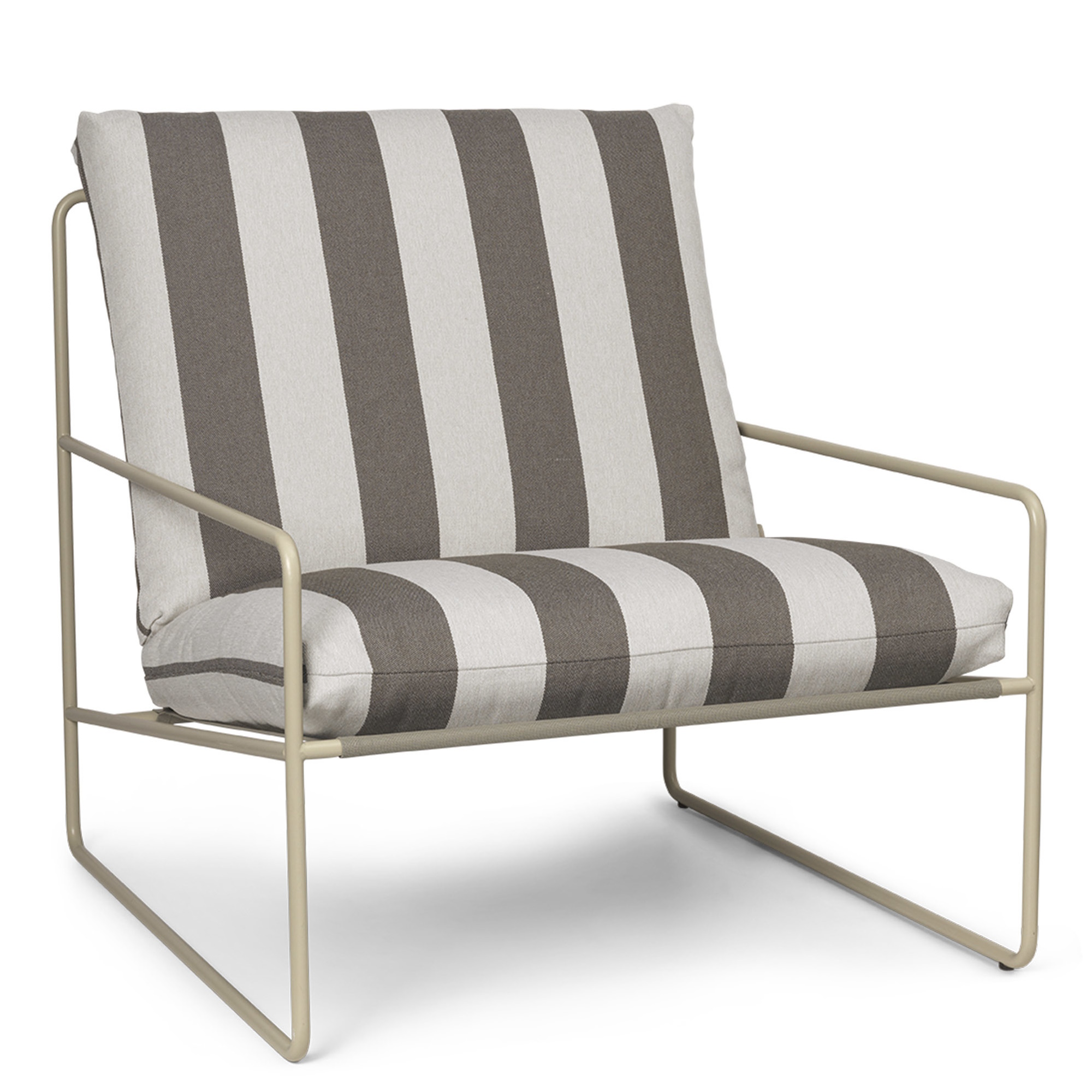 Desert Sessel mit Streifenmuster und Cashmere-farbenem Gestell, moderner Outdoor Sessel für Garten und Terrasse.