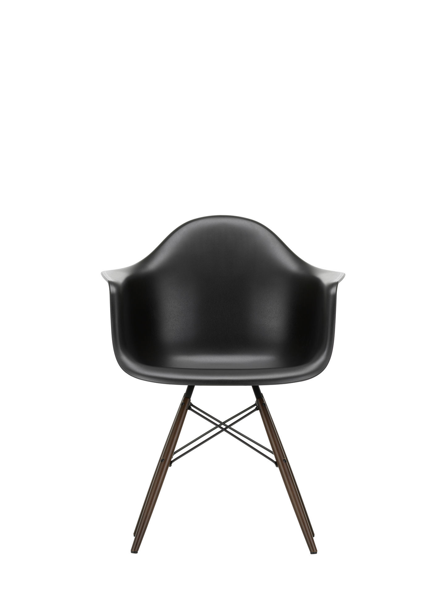 Schwarzer Eames Plastic Arm Chair DAW Stuhl von Vitra mit Ahorn-Gestell und weißem Sitz.