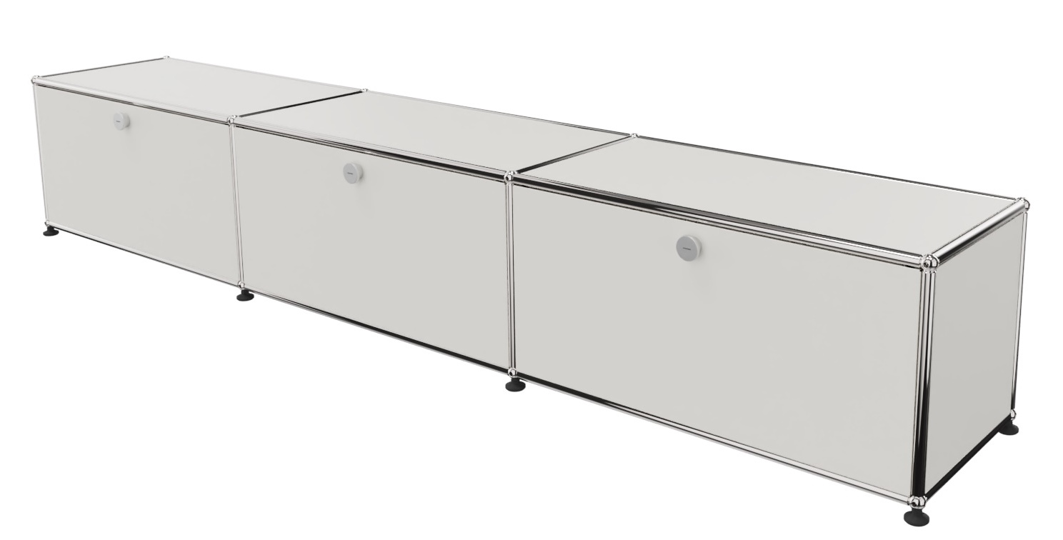 USM Haller Lowboard in Reinweiß mit drei Klappen, modernes Designmöbel für stilvolle Wohnräume.
