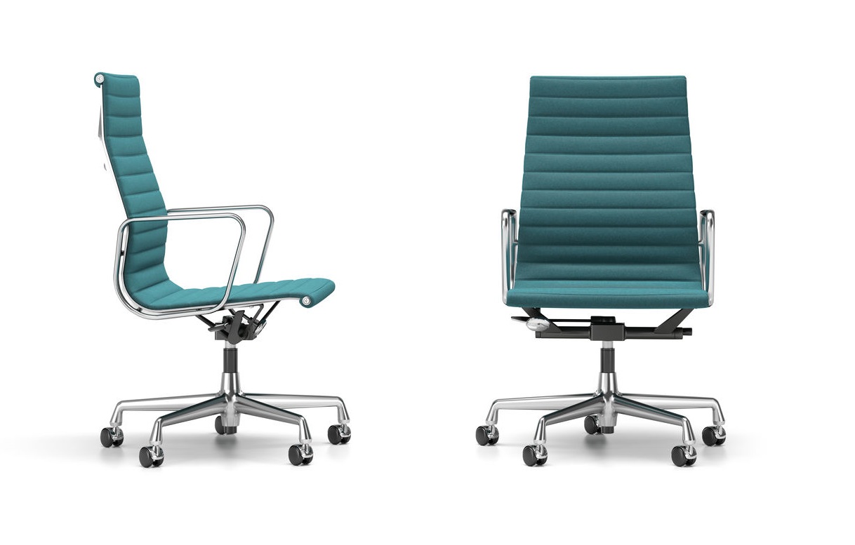 Aluminium Chair EA 119 von Vitra, Bürostuhl mit türkisfarbenem Bezug, Seiten- und Frontansicht.
