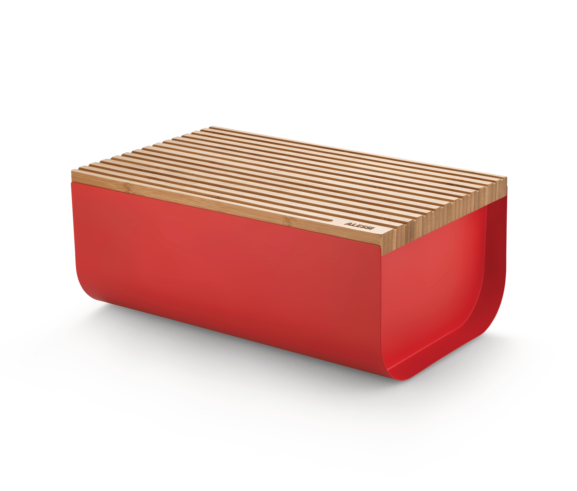 Roter Alessi Brotkasten aus Stahl mit Bambusdeckel, modernes Küchendesign für die Aufbewahrung von Brot.