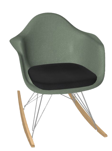 Eames RAR Schaukelstuhl mit grünem Fiberglas, schwarzem Sitzpolster und hellem Holzgestell.