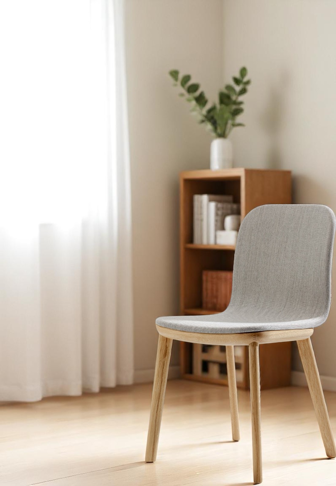 Aeon Chair Stuhl Vollgepolstert Zeitraum, moderner Esszimmerstuhl mit grauem Stoffbezug und hellem Holzgestell.