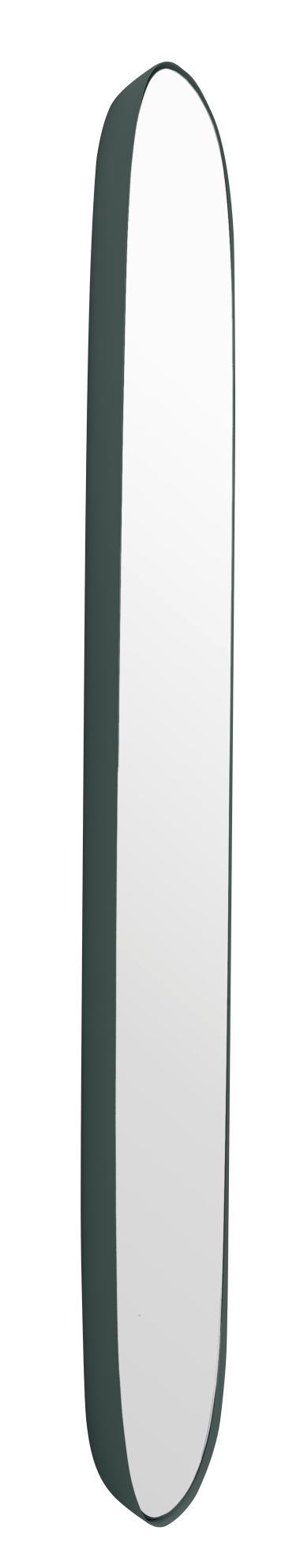 Großer, schlanker Wandspiegel von Muuto mit abgerundeten Ecken und dunkelgrünem Rahmen. Dekorative Spiegel für Wohnzimmer.