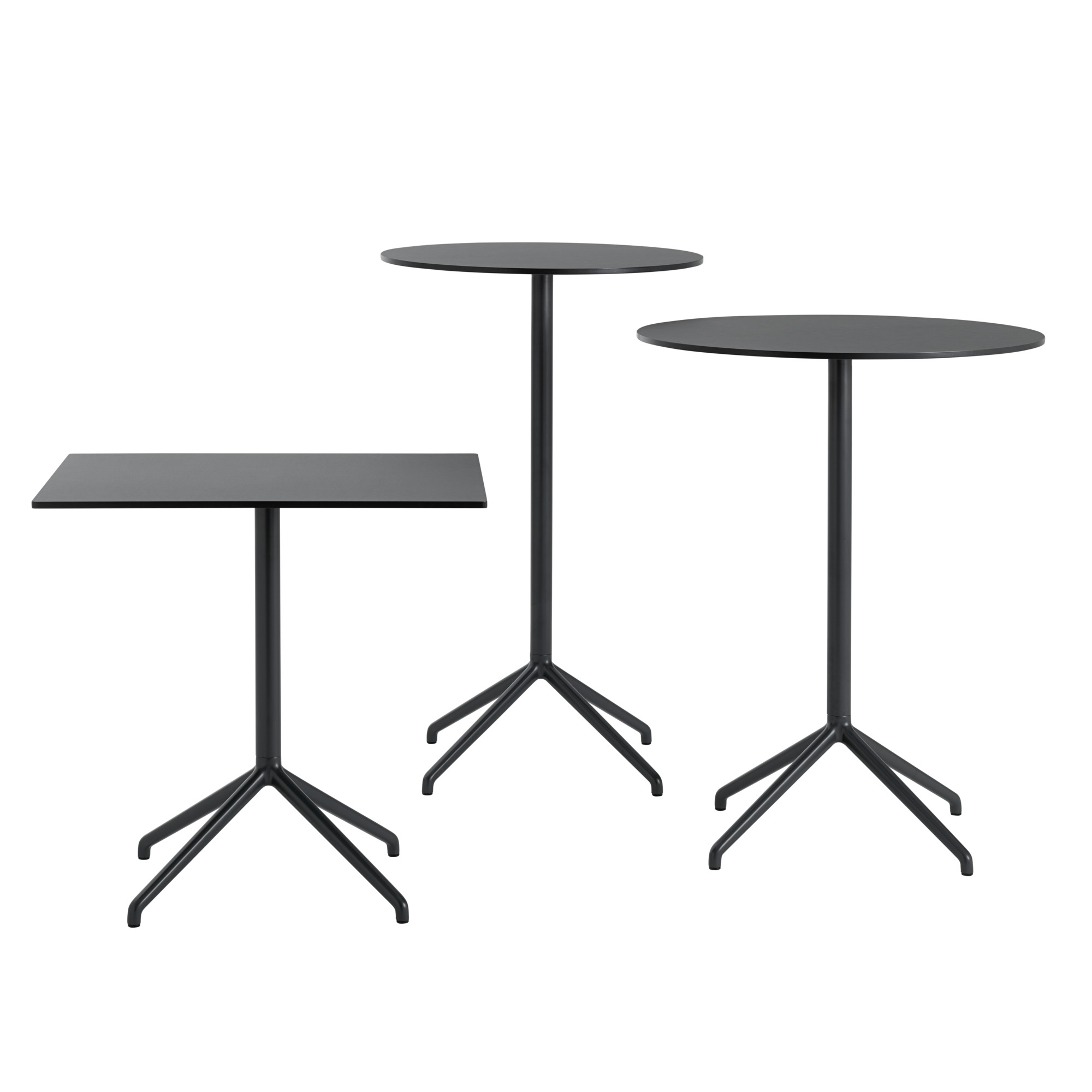 Drei moderne, schwarze Still Cafe Table Beistelltische von Muuto mit runden und quadratischen Tischplatten.