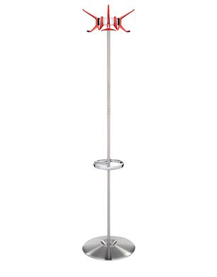 Kartell Hanger Garderobenständer: Freistehender Kleiderständer mit rotem Hakenkranz und silberfarbenem Gestell. Moderner Garderobenständer für Flur und Diele.