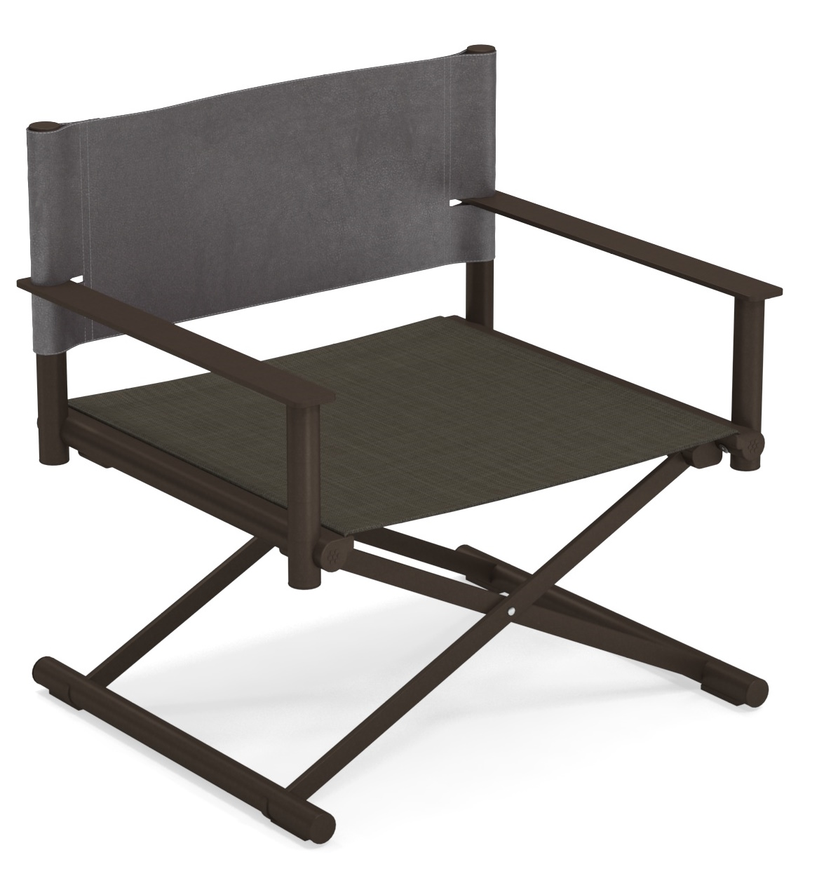 Terra Lounge Chair von Emu, brauner Outdoor Sessel mit grauem Stoffbezug und klappbarem Gestell.
