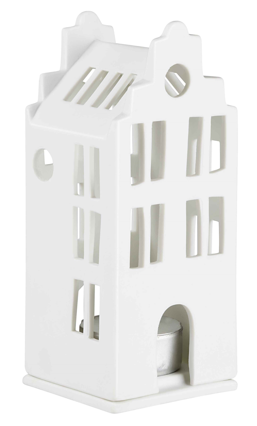 Detailaufnahme eines weißen Zuhause Lichthaus Grachtenhaus, Teil eines 4er Sets, mit Teelicht.