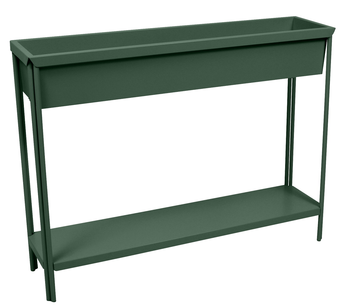 Grüner Terrazza Blumenkasten von Fermob mit minimalistischem Design und zusätzlicher Ablagefläche für den Außenbereich.