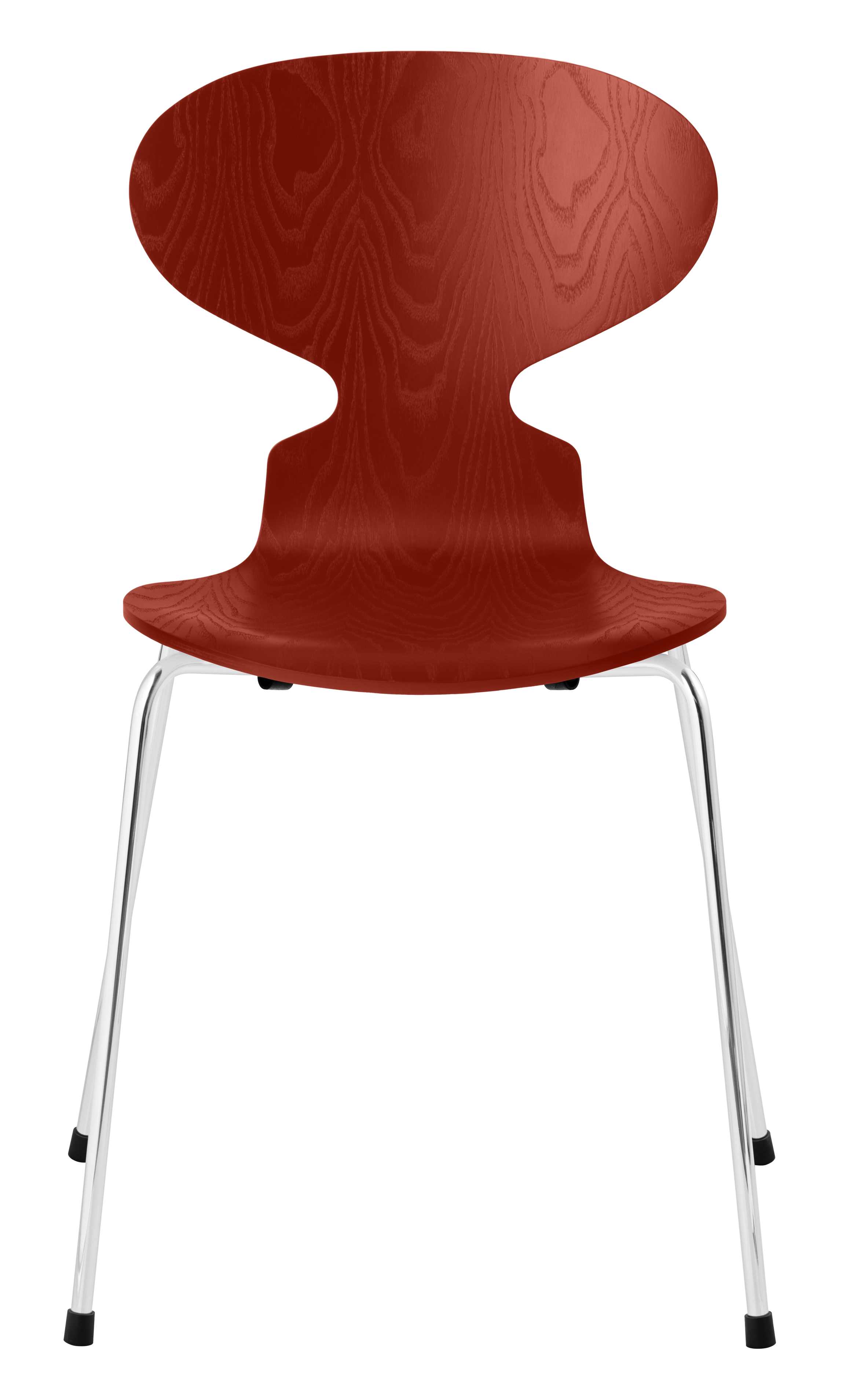 Fritz Hansen Die Ameise Stuhl mit vierbeinigen Chromgestell und rotbrauner Sitzschale aus Holz.