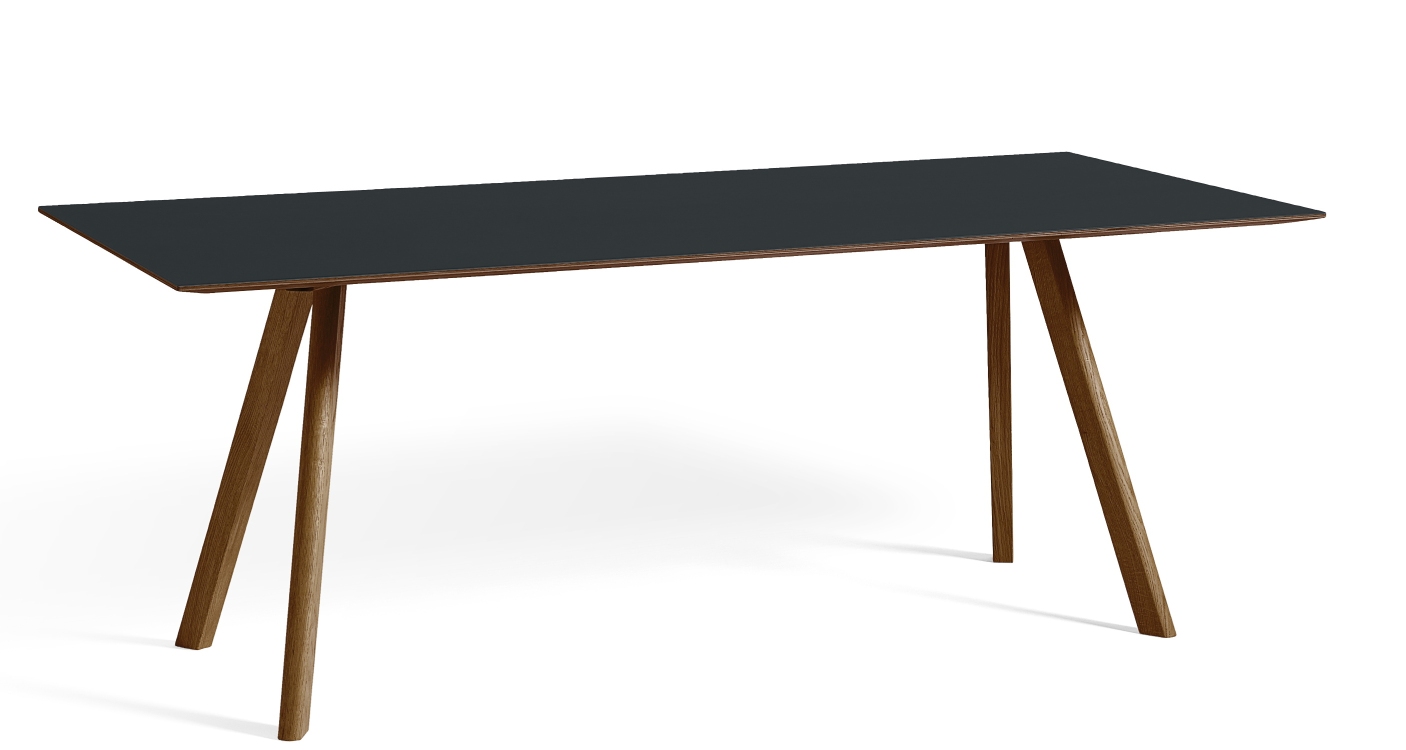 Copenhague Table CPH 30 von Hay mit dunkelgrauer Tischplatte und Holzbeinen auf weißem Hintergrund.