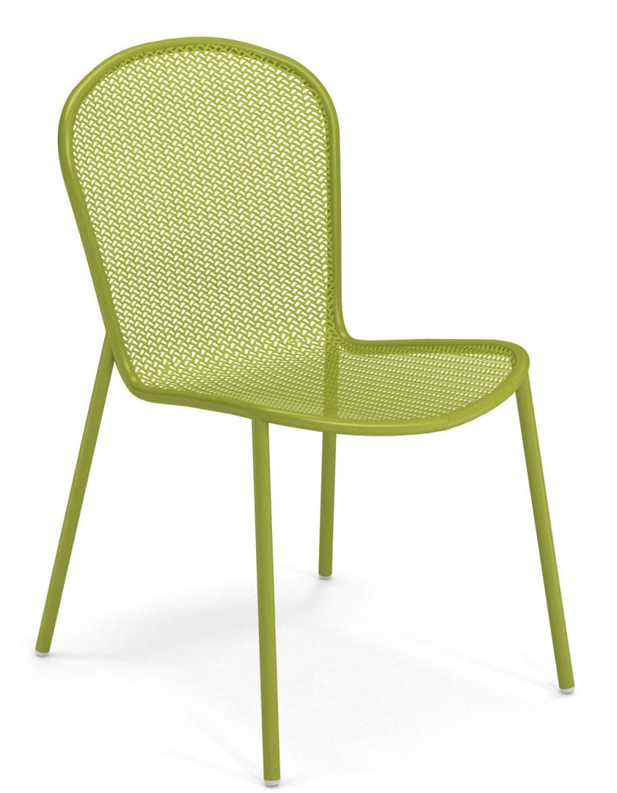 Grüner Ronda X Stuhl von Emu für den Außenbereich, Metallstuhl mit perforierter Sitzfläche und Rückenlehne.