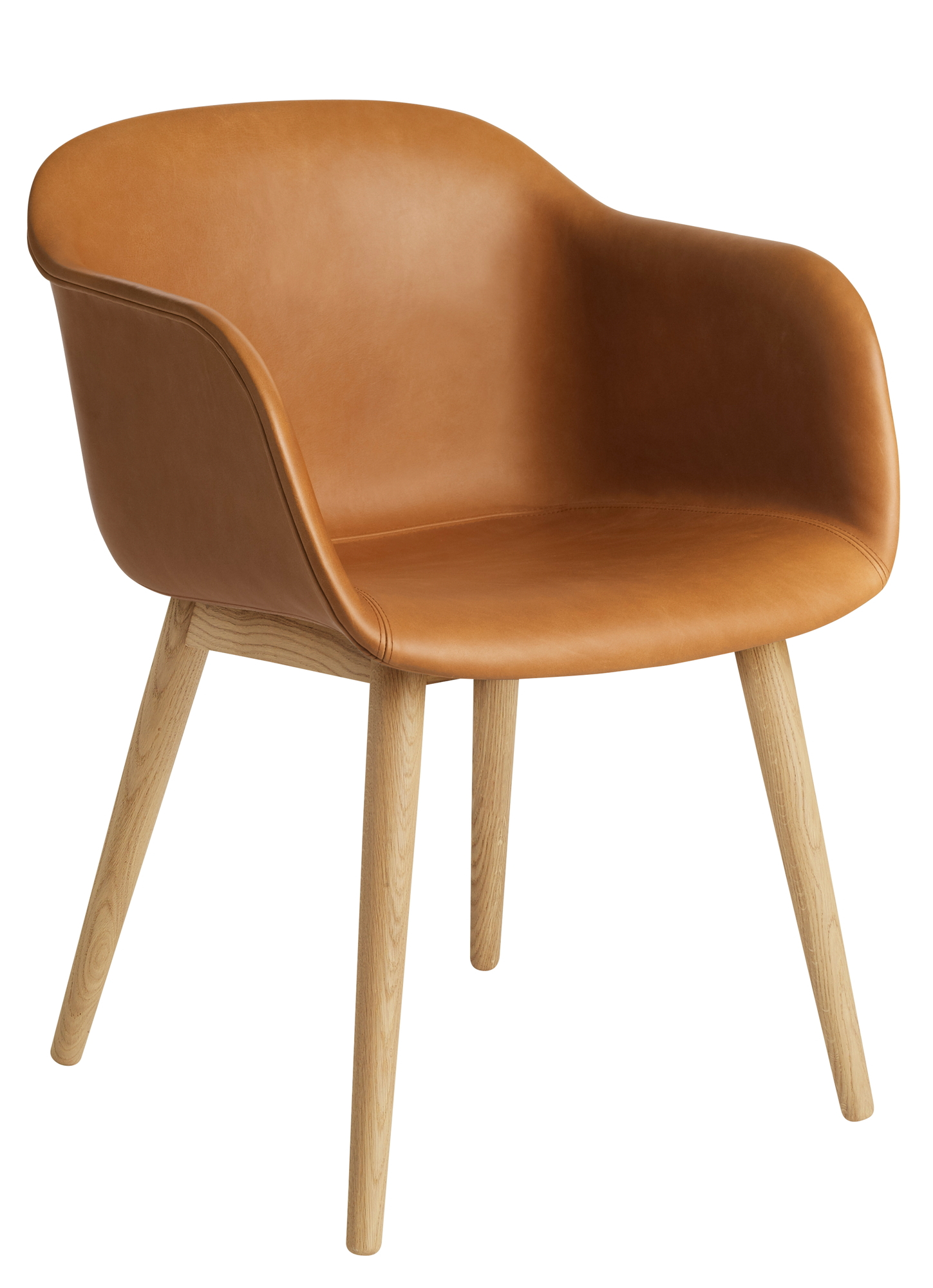 Muuto Fiber Armchair mit Holzbeinen, braunes Leder, moderner skandinavischer Design Stuhl für Esszimmer und Wohnbereich.