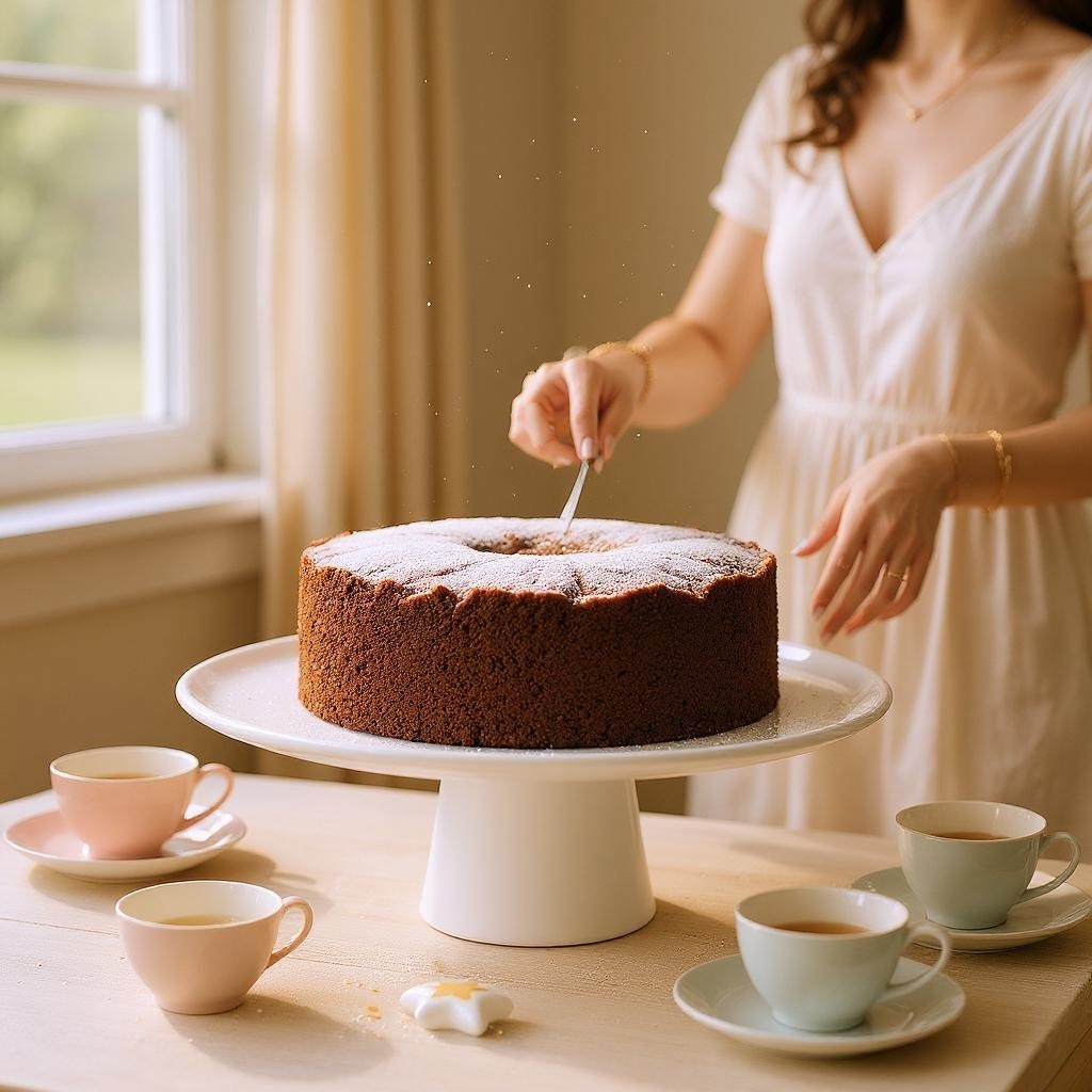 Frau bestäubt Zimtkuchen auf Räder Etagere mit Puderzucker, umgeben von Teetassen.