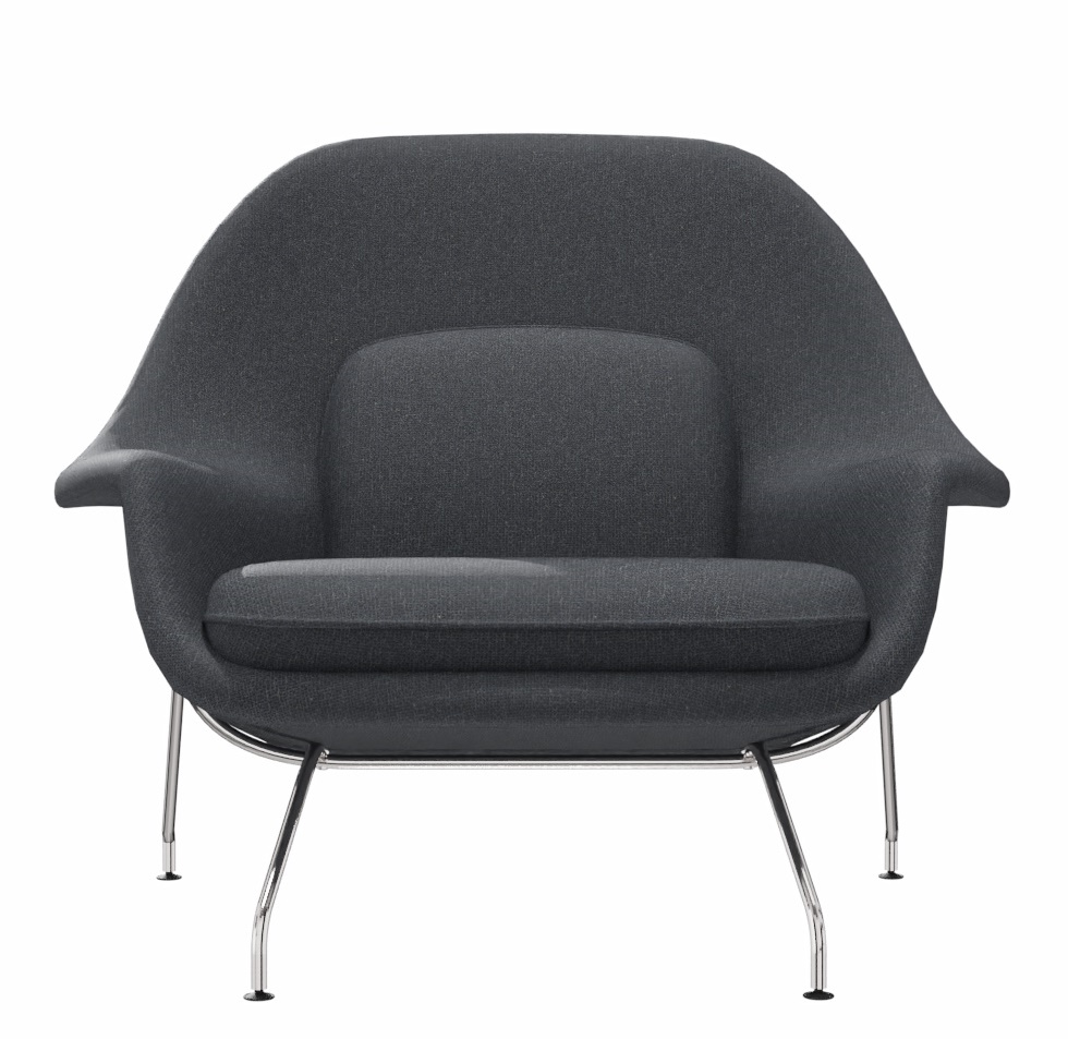 Grauer Womb Chair Sessel von Knoll International mit verchromten Beinen, moderner Relax Sessel für Wohnzimmer.