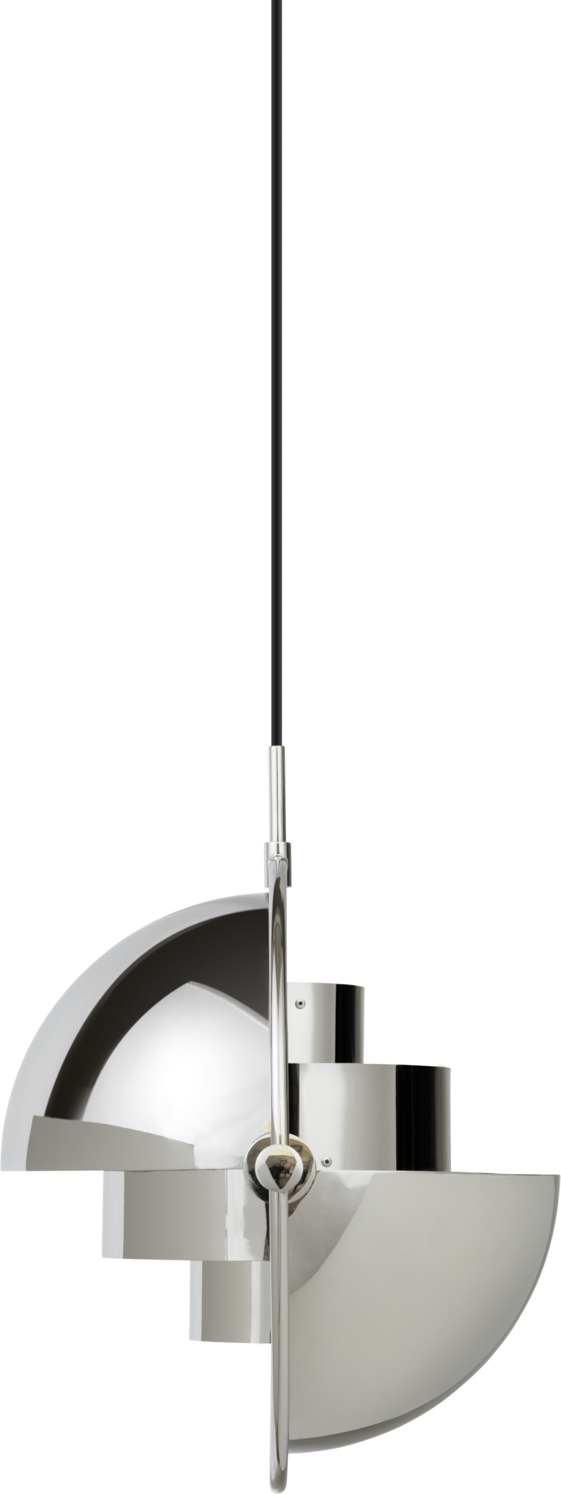 Multi-Lite Pendelleuchte Chrom von Gubi: Moderne Hängelampe mit verstellbaren Schirmen für indirektes Licht.