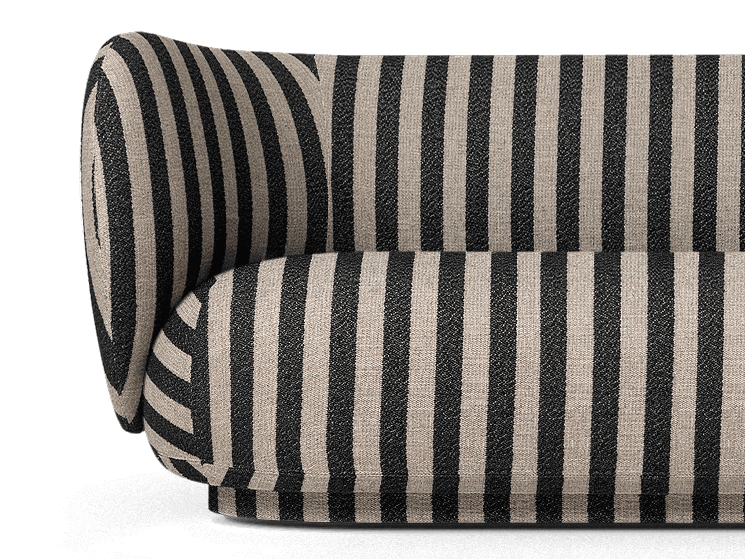 Detailaufnahme des Rico Sofas von Ferm Living, 4-Sitzer, Louisiana Stoff mit schwarzen Streifen.
