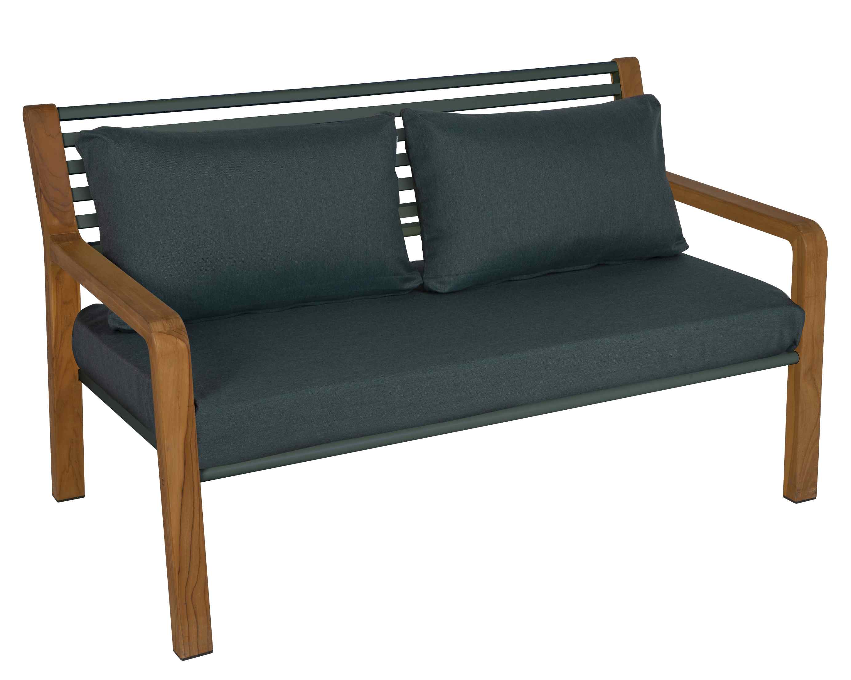 Somerset 2-Sitzer Outdoor Sofa von Fermob mit anthrazitfarbenen Kissen und Teakholz-Armlehnen und Beinen.