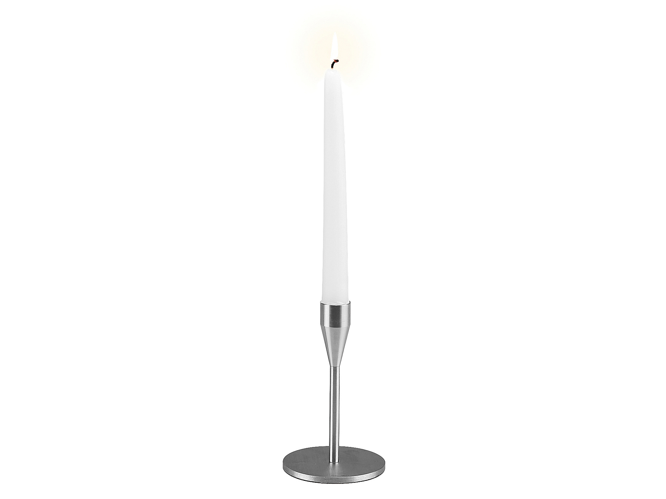 Silberner Mars / Venus Kerzenständer MINI mit brennender, weißer Stabkerze. Modernes Design für stimmungsvolle Beleuchtung.