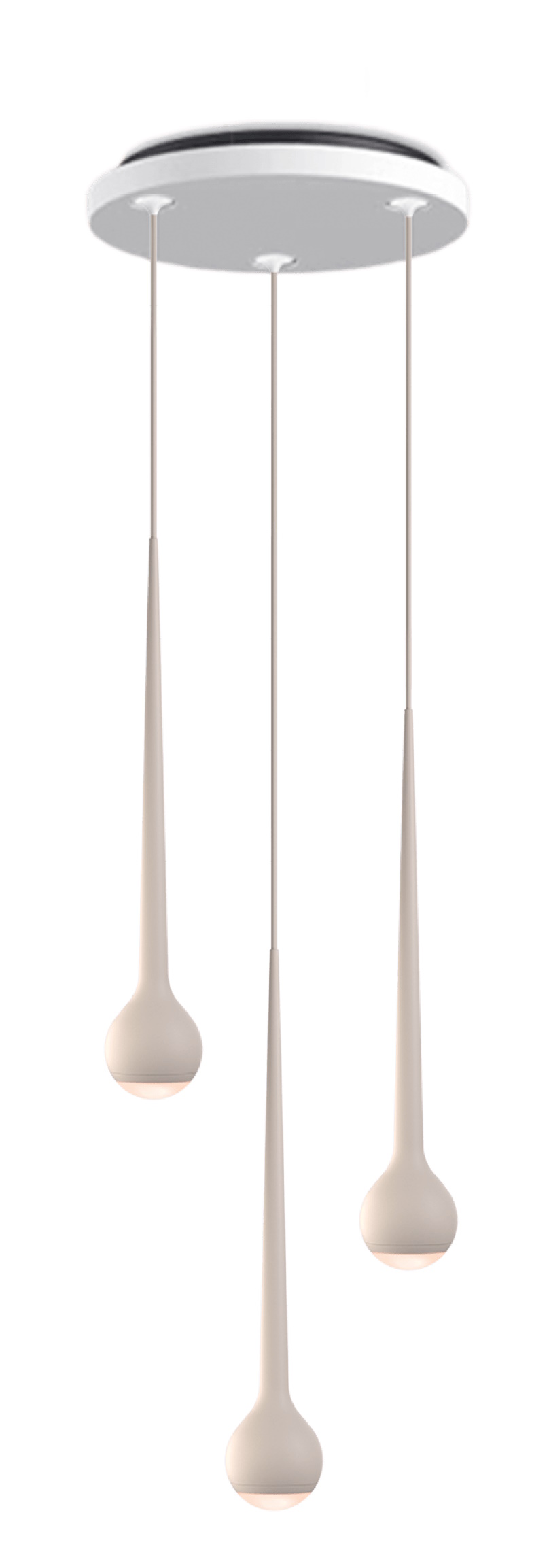 Moderne Falling Sun Pendelleuchte in Grau mit drei tropfenförmigen Lampenschirmen für stilvolle Innenraumbeleuchtung.
