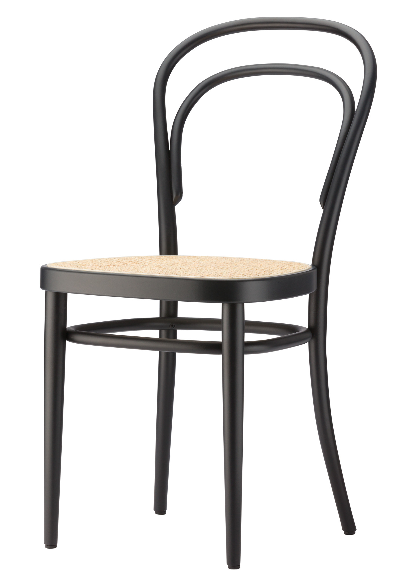 Schwarzer 214 Bugholzstuhl mit Wiener Geflecht Sitzfläche, klassischer Kaffeehausstuhl im Thonet Stil.
