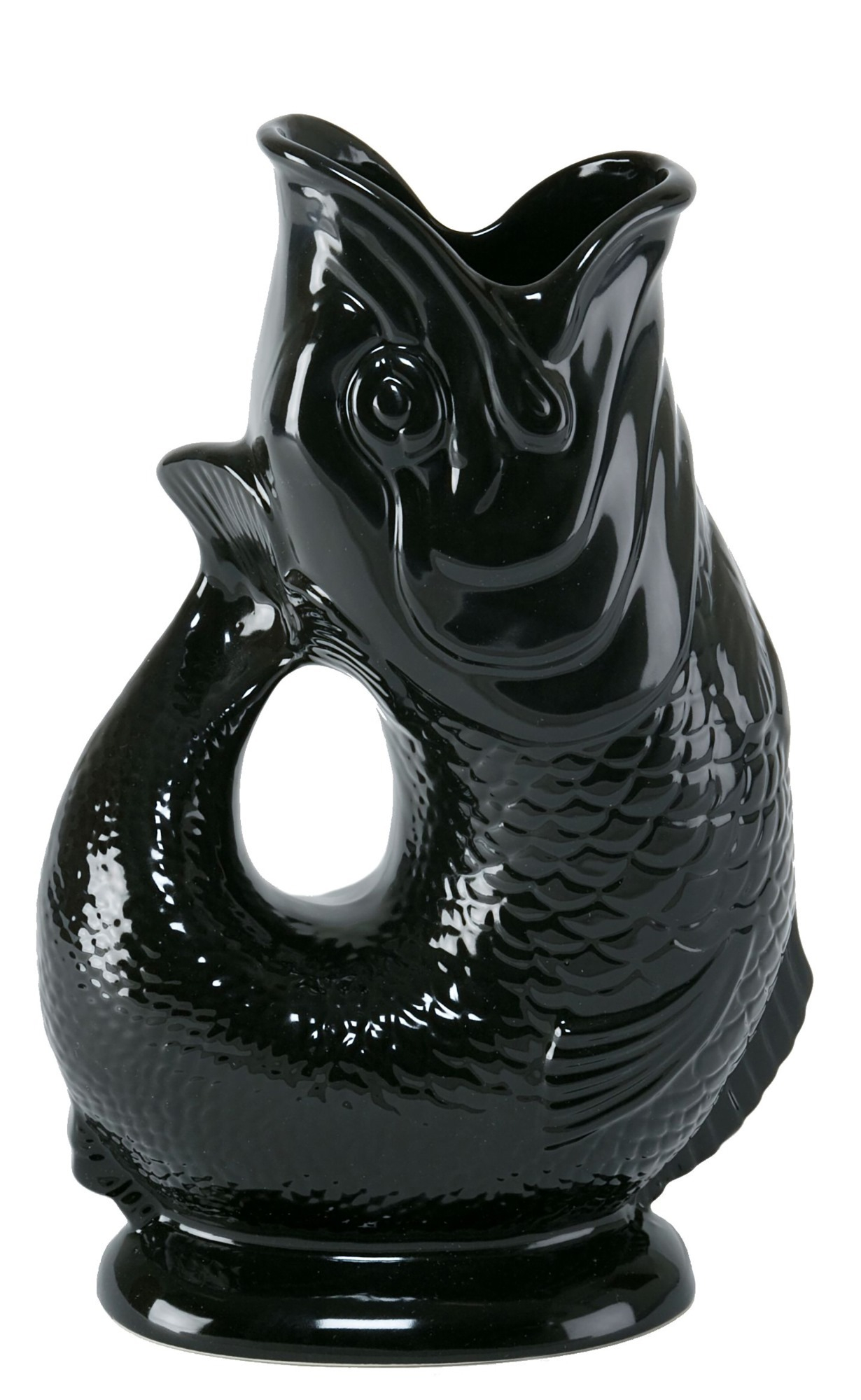 Schwarze Gluckigluck Karaffe in Fischform, XL Größe. Keramik Wasserkaraffe oder Vase für Blumen.