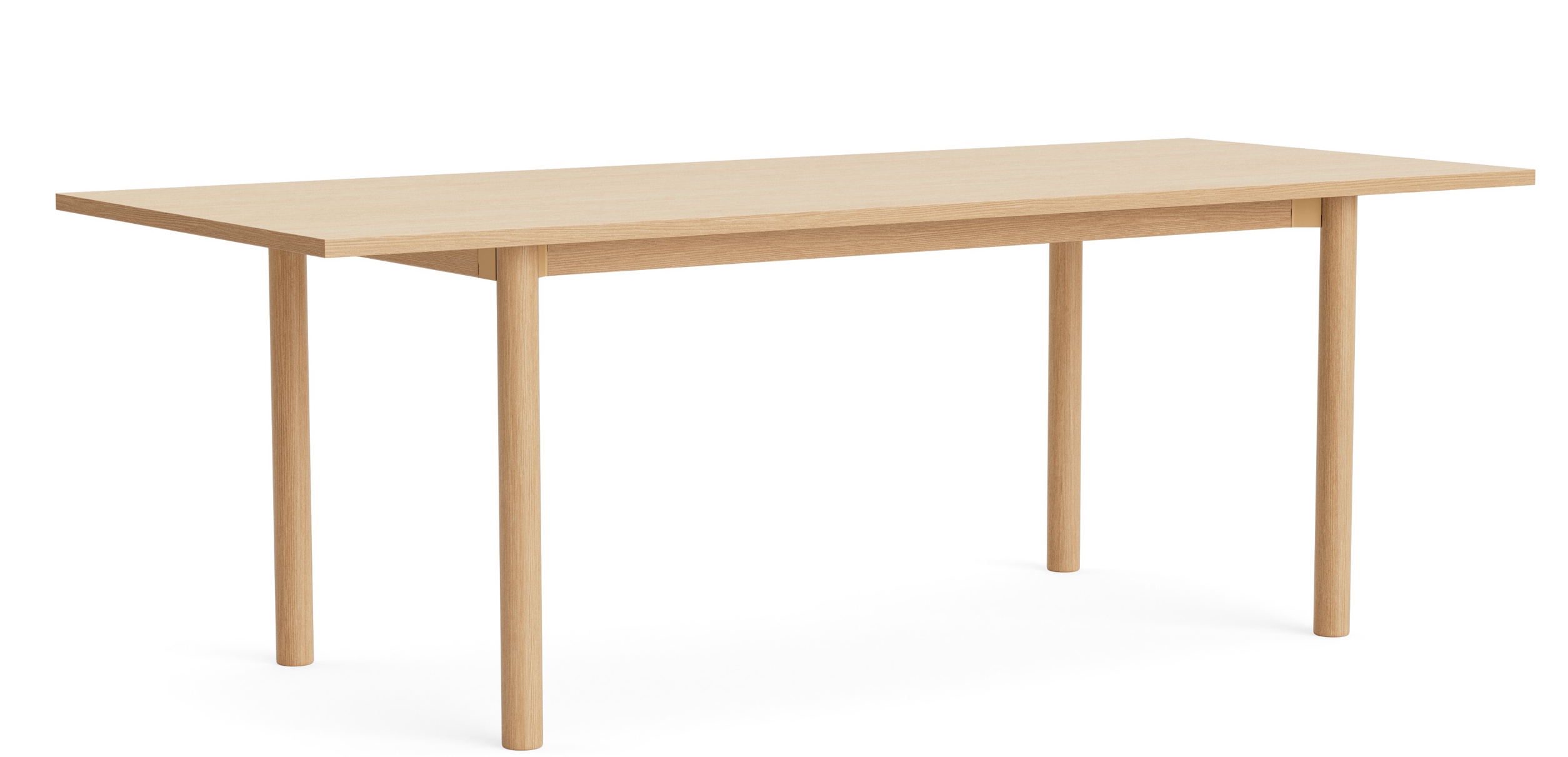 Annex Esstisch von Hay, ein moderner Holztisch mit heller Tischplatte und vier runden Tischbeinen.