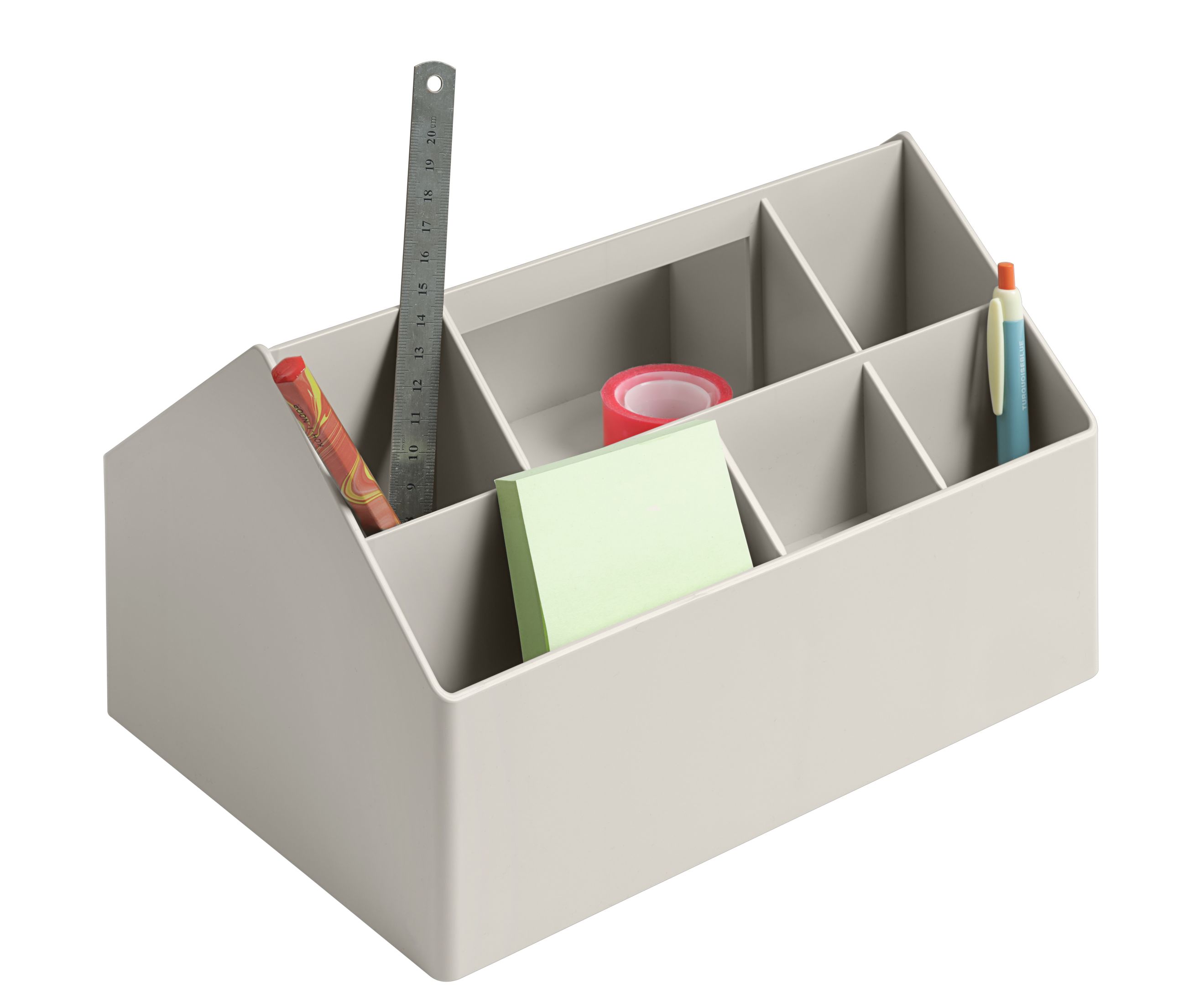 Muuto Sketch Toolbox, graue Schreibtischorganisation mit Stiften, Lineal, Notizen und Klebeband. Praktische Büroaufbewahrung für den Arbeitsplatz.
