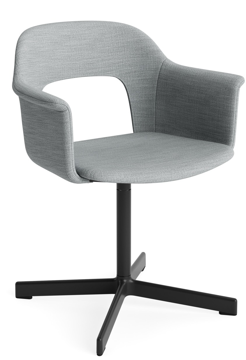 Layout Armchair 234 von Hay, grauer Bürostuhl mit Armlehnen und schwarzem Drehfuß.