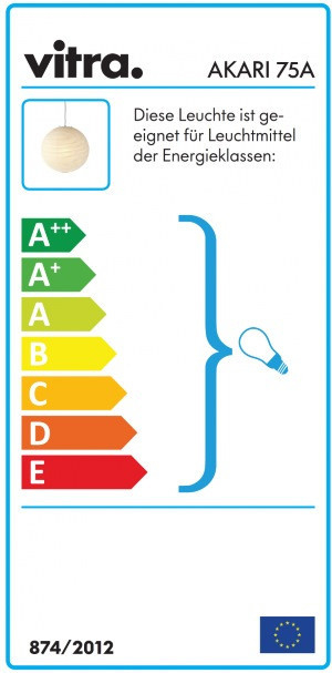Vitra Akari 75A Pendelleuchte: Energieeffizienzlabel mit Spektrum von A++ bis E und passenden Leuchtmitteln.