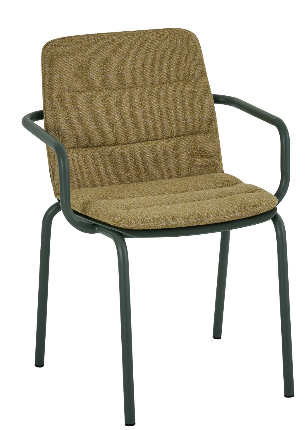 Vapio Sessel Outdoor von Weishäupl, moderner Gartenstuhl mit Armlehne und olivgrünem Metallgestell, Sitzfläche und Rückenlehne gepolstert.