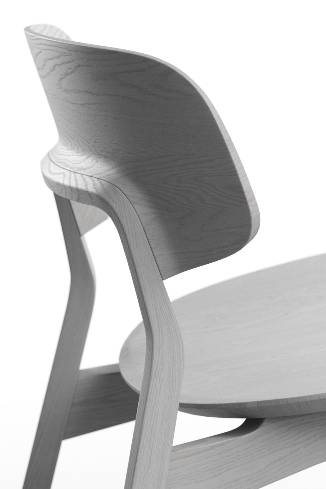Detailaufnahme des Nonoto Lounge Chair: Holzstuhl, Cocktailsessel mit geschwungener Rückenlehne und Sitzfläche.