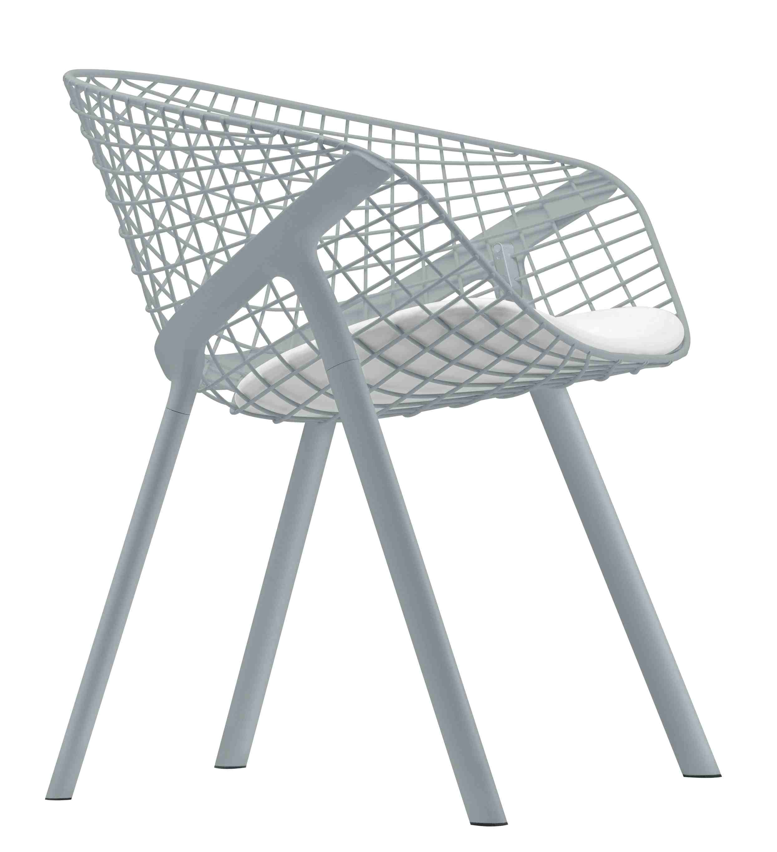 Kobi Chair Stuhl: Moderner Design Stuhl mit Drahtgeflecht und Sitzkissen in hellgrau.