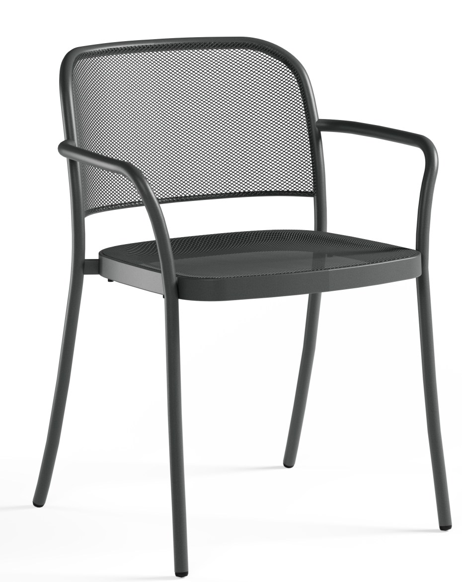 Café Armchair von Emu: Grauer Outdoor-Stuhl mit Armlehnen und Netzstruktur für Garten und Terrasse.