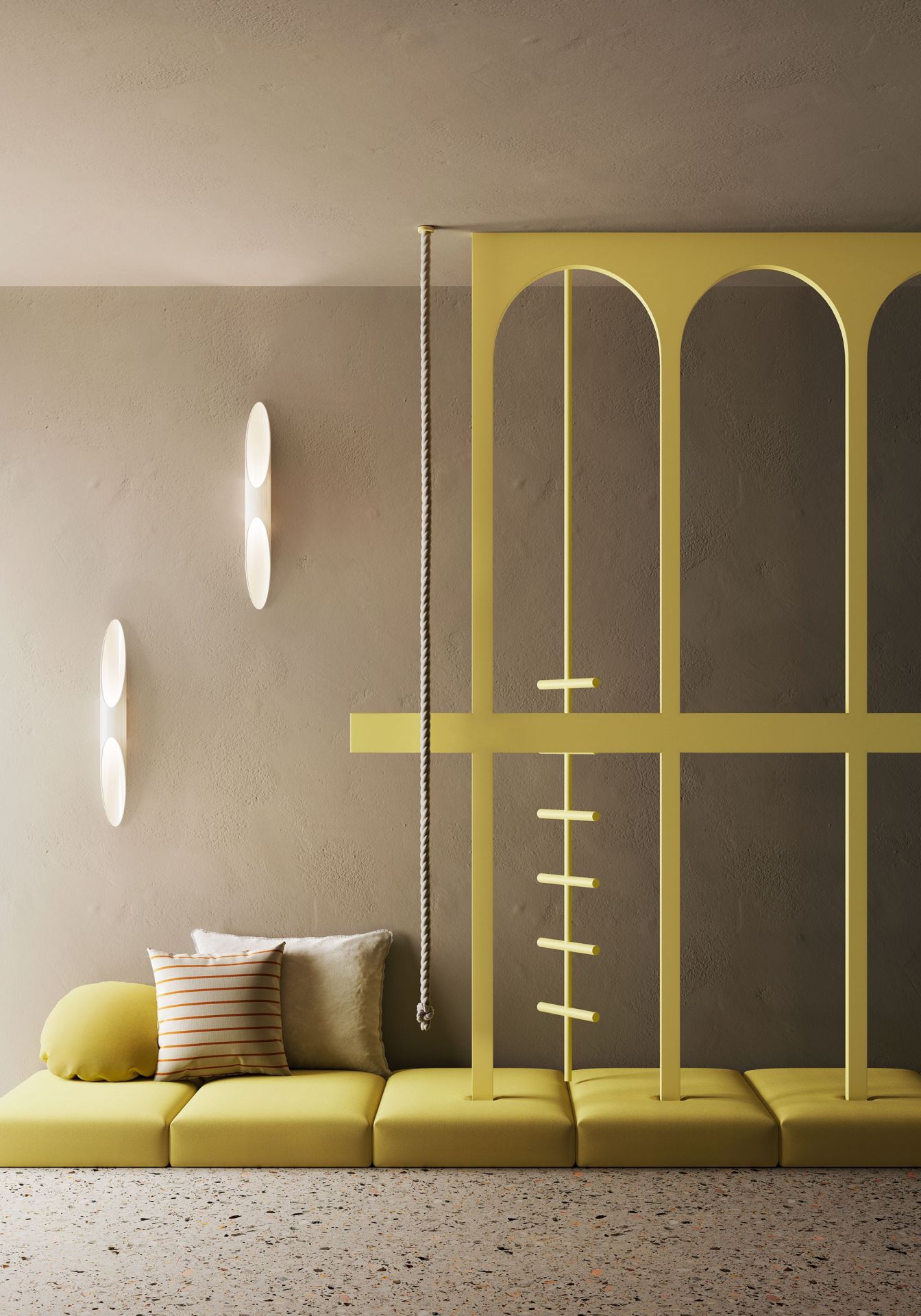 Gelbes modulares Sofa mit Kissen, Wandleuchten und dekorativer Leiter für modernes Wohnzimmer Design.