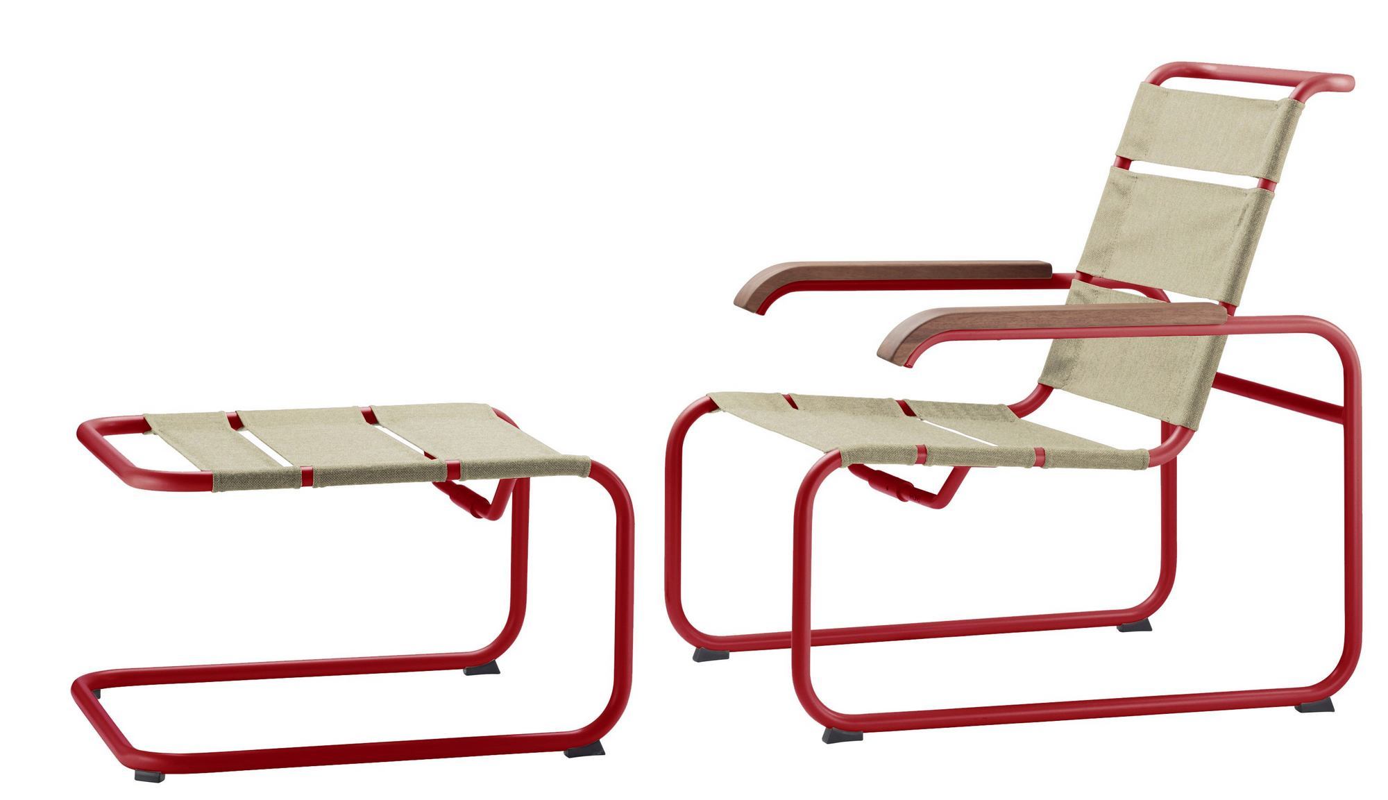 Thonet S 35 NH All Seasons Hocker und Sessel für den Außenbereich, rotes Gestell.