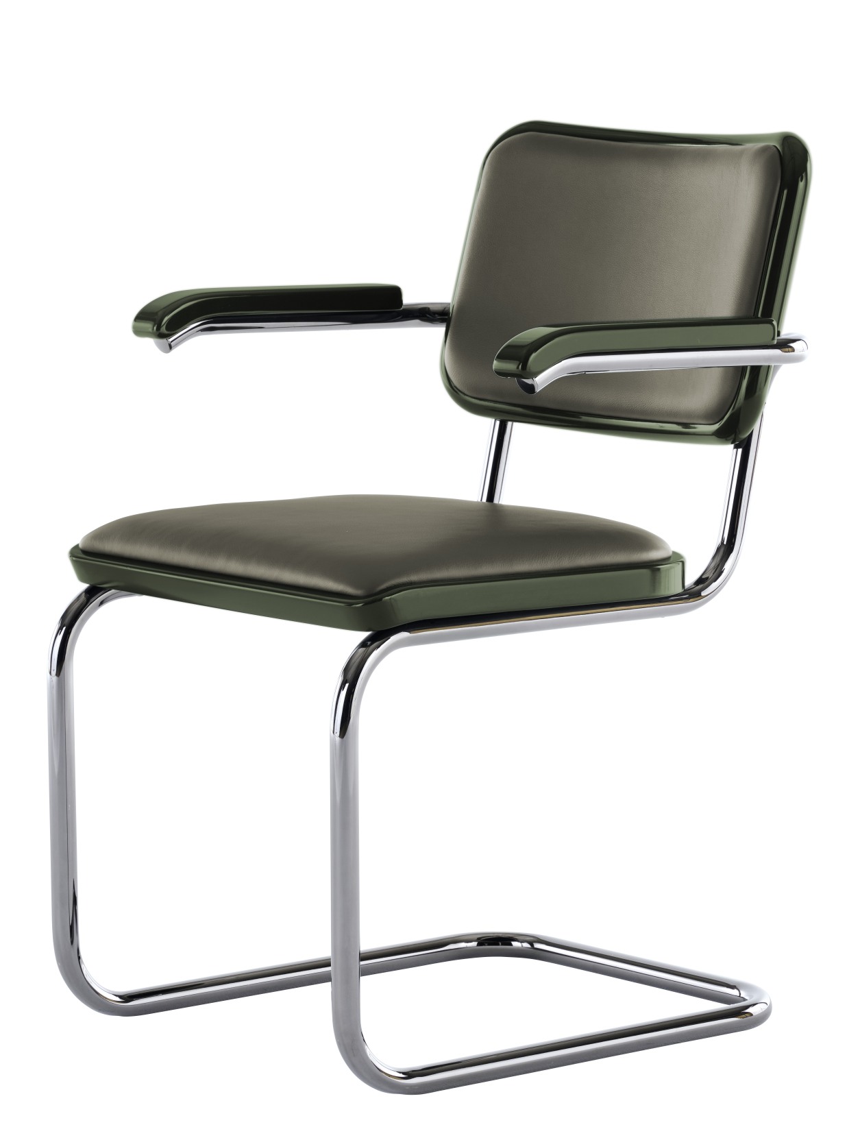 JS. Thonet S 64 P Freischwinger Stuhl mit olivgrünem Lederbezug und verchromtem Stahlrohrgestell, seitliche Ansicht.