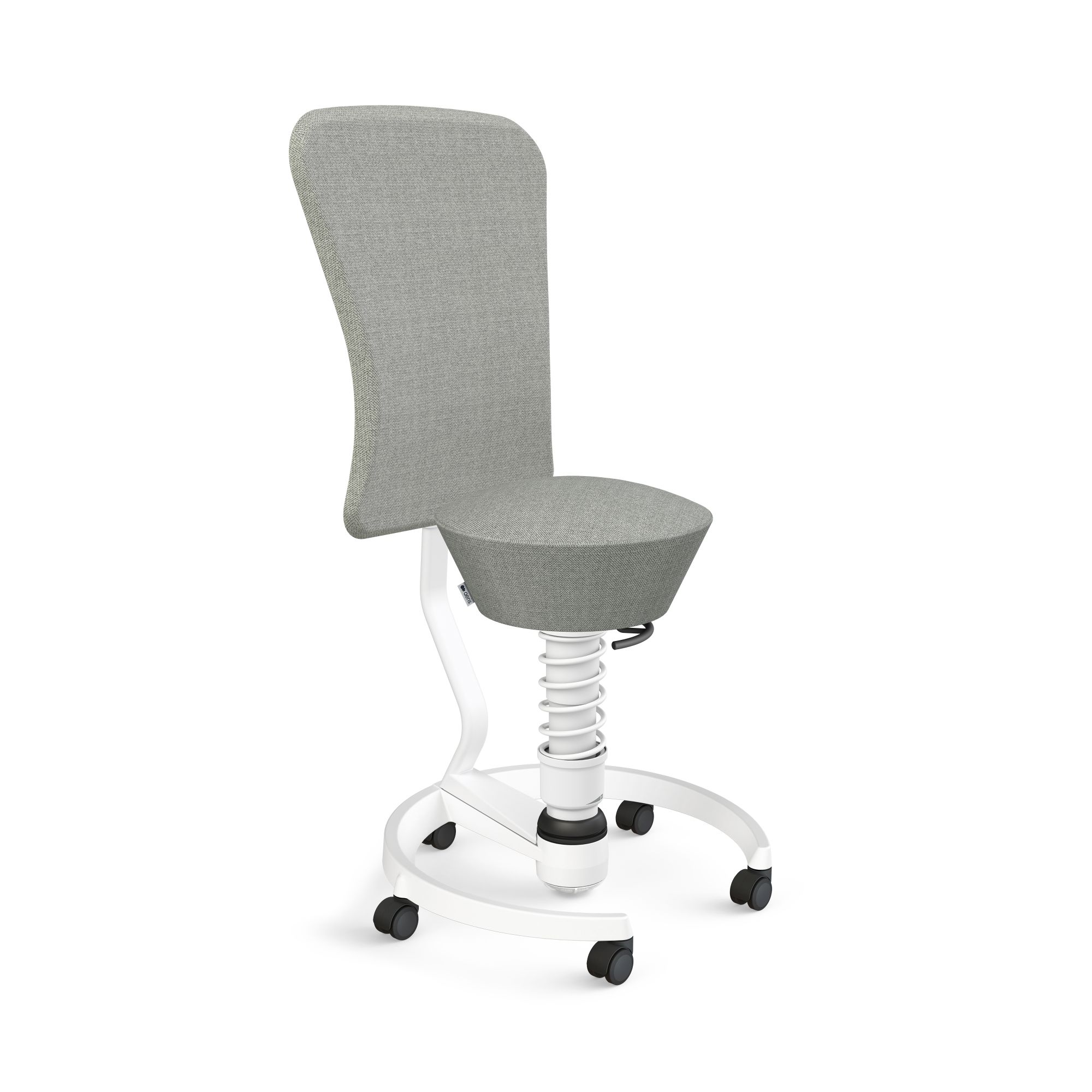 Grauer Bürostuhl mit Rückenlehne, Federung und Rollen für ergonomisches Sitzen im Büro.