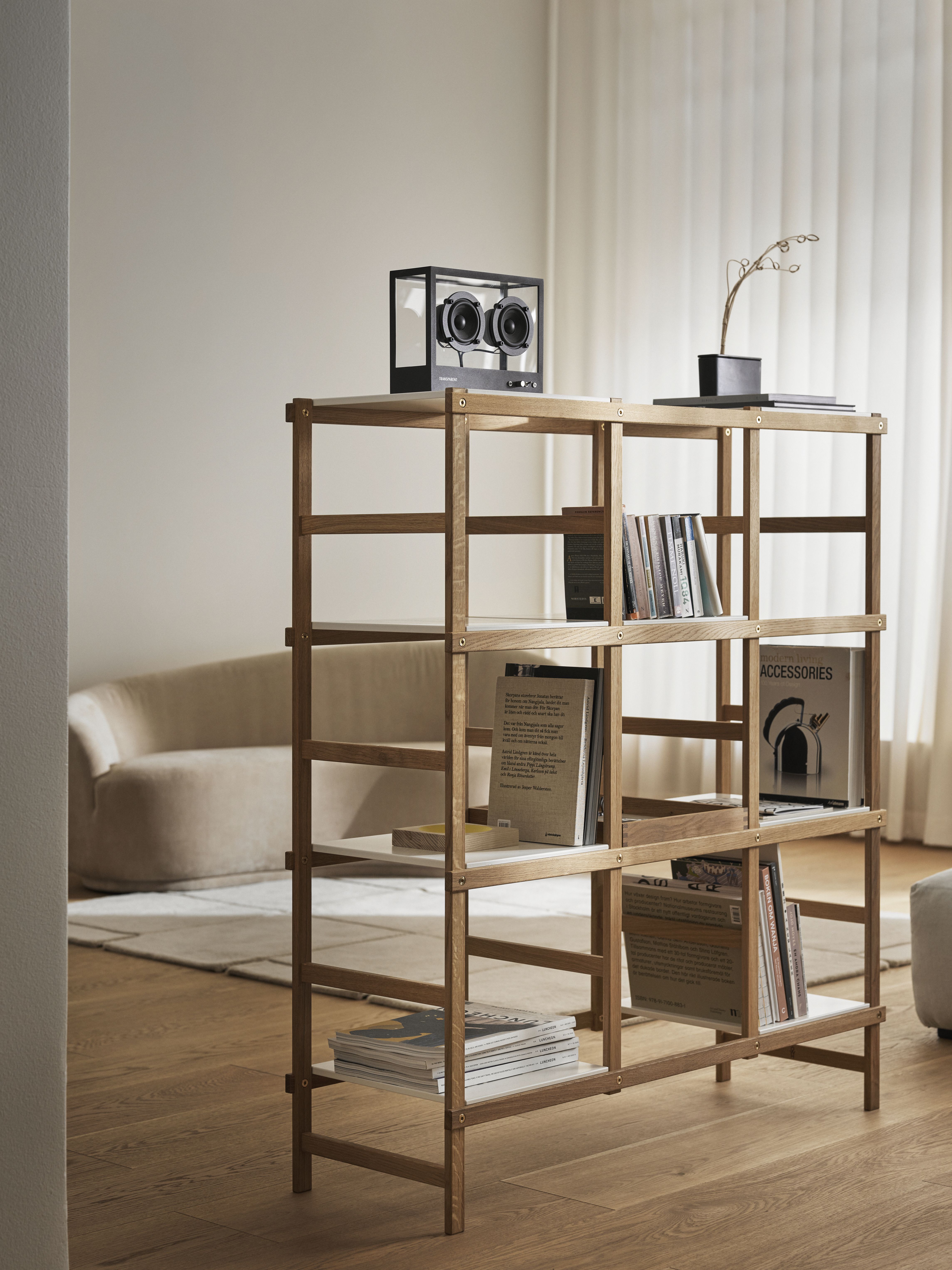 Transparenter Lautsprecher auf Holzregal im Wohnzimmer, minimalistisches Design, Bücher und Dekoration, helle, freundliche Atmosphäre.