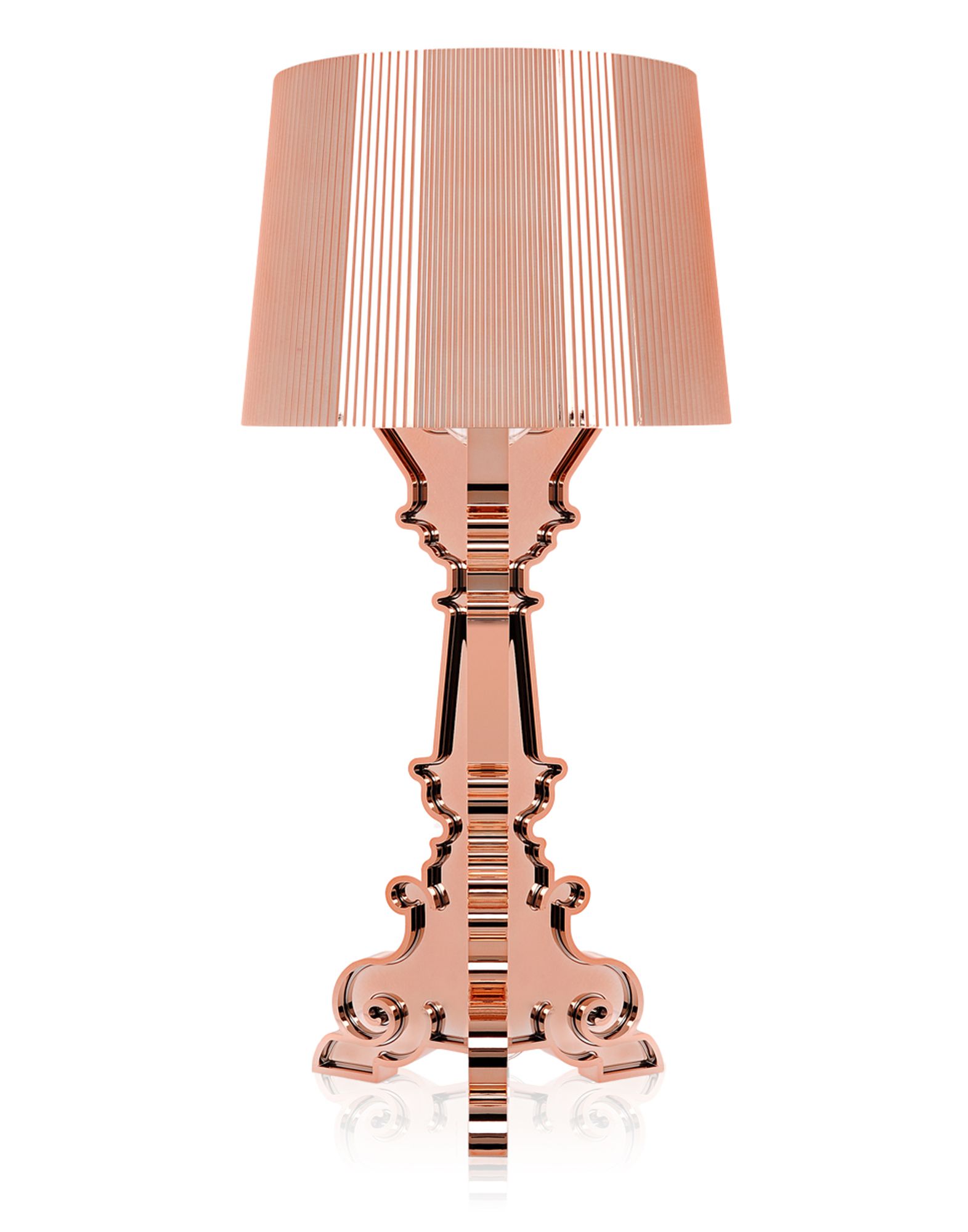 Bourgie Tischleuchte in metallisiertem Kupfer: Elegante Designleuchte mit plissiertem Lampenschirm und dekorativem Fuß.
