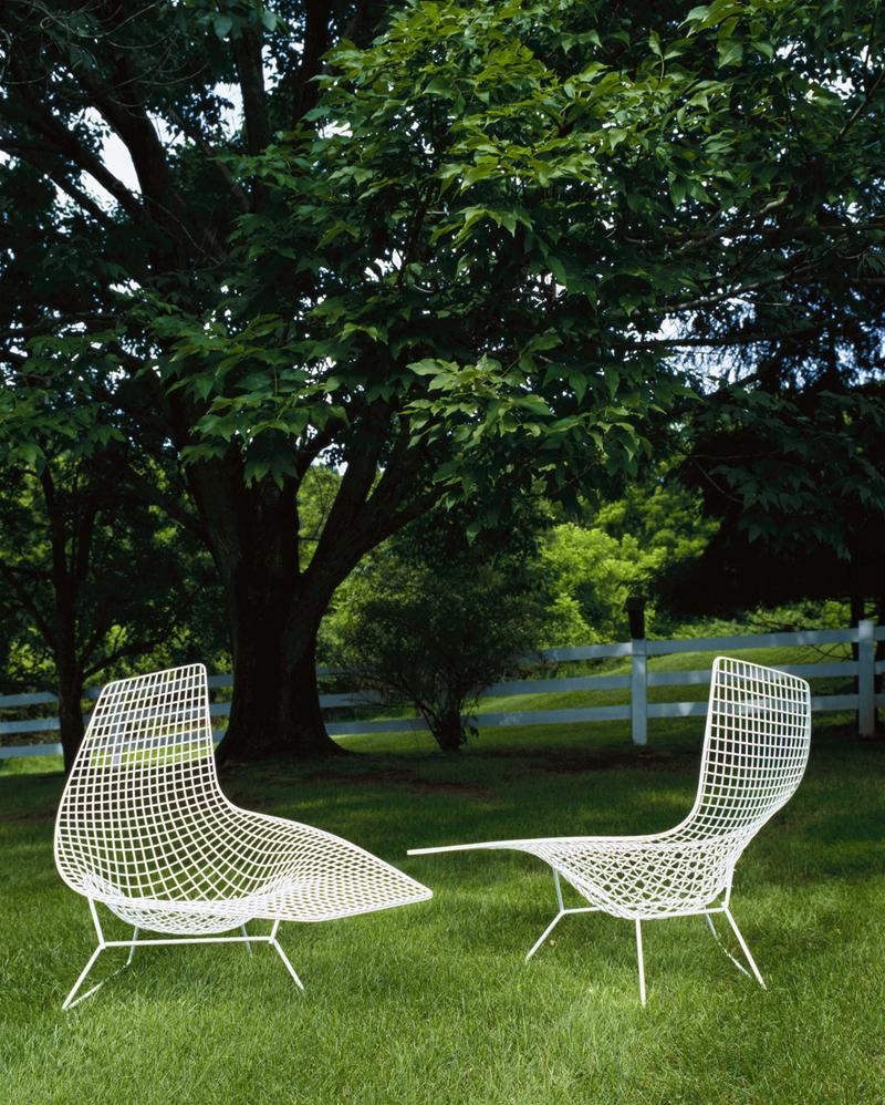 Zwei weiße Bertoia Outdoor Liegesessel von Knoll International auf einer grünen Wiese. Design Gartenmöbel.