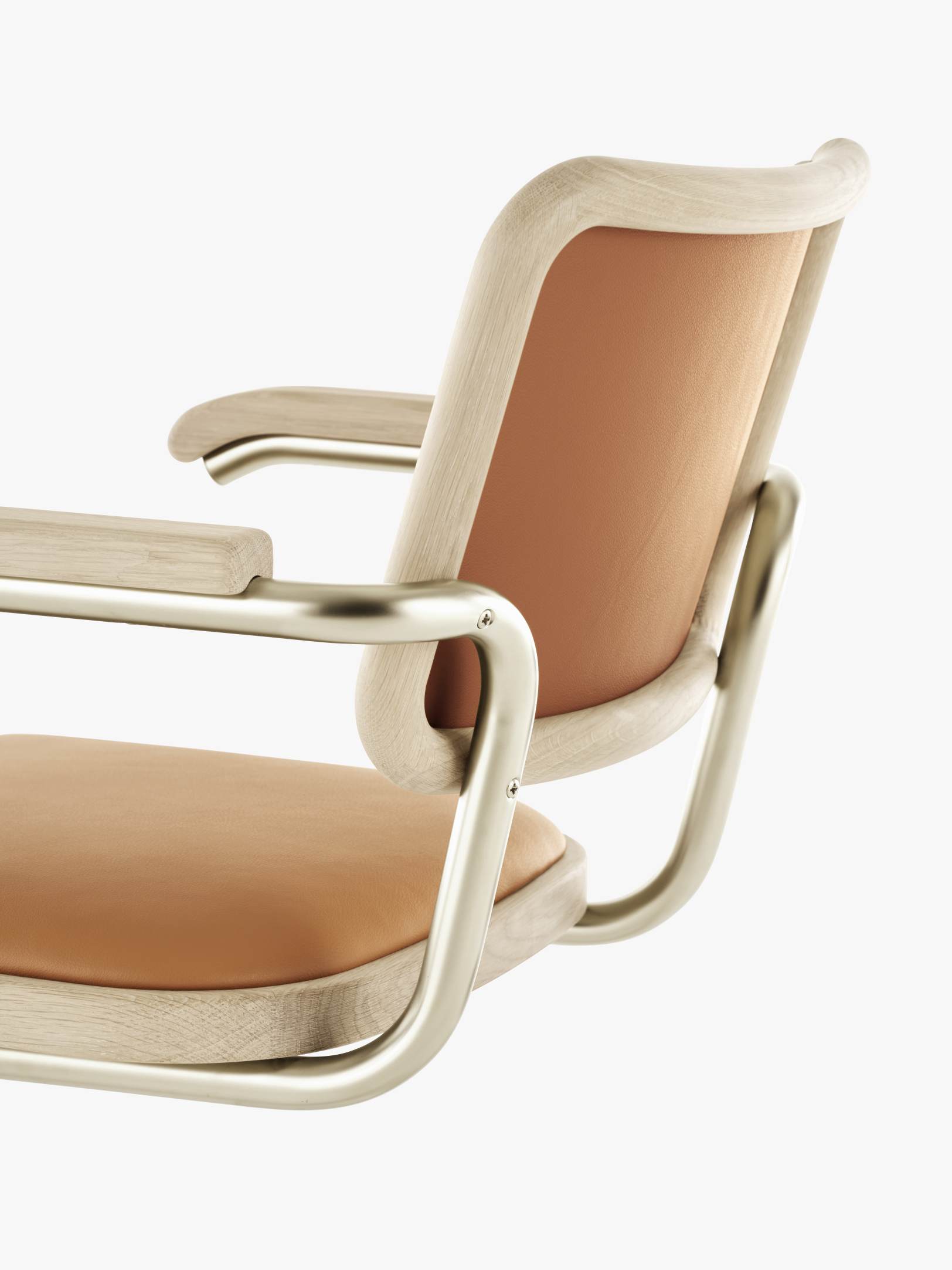 JS. Thonet S 64 P Freischwinger Stuhl mit Holzrahmen und cognacfarbenem Lederbezug, Detailansicht von hinten.