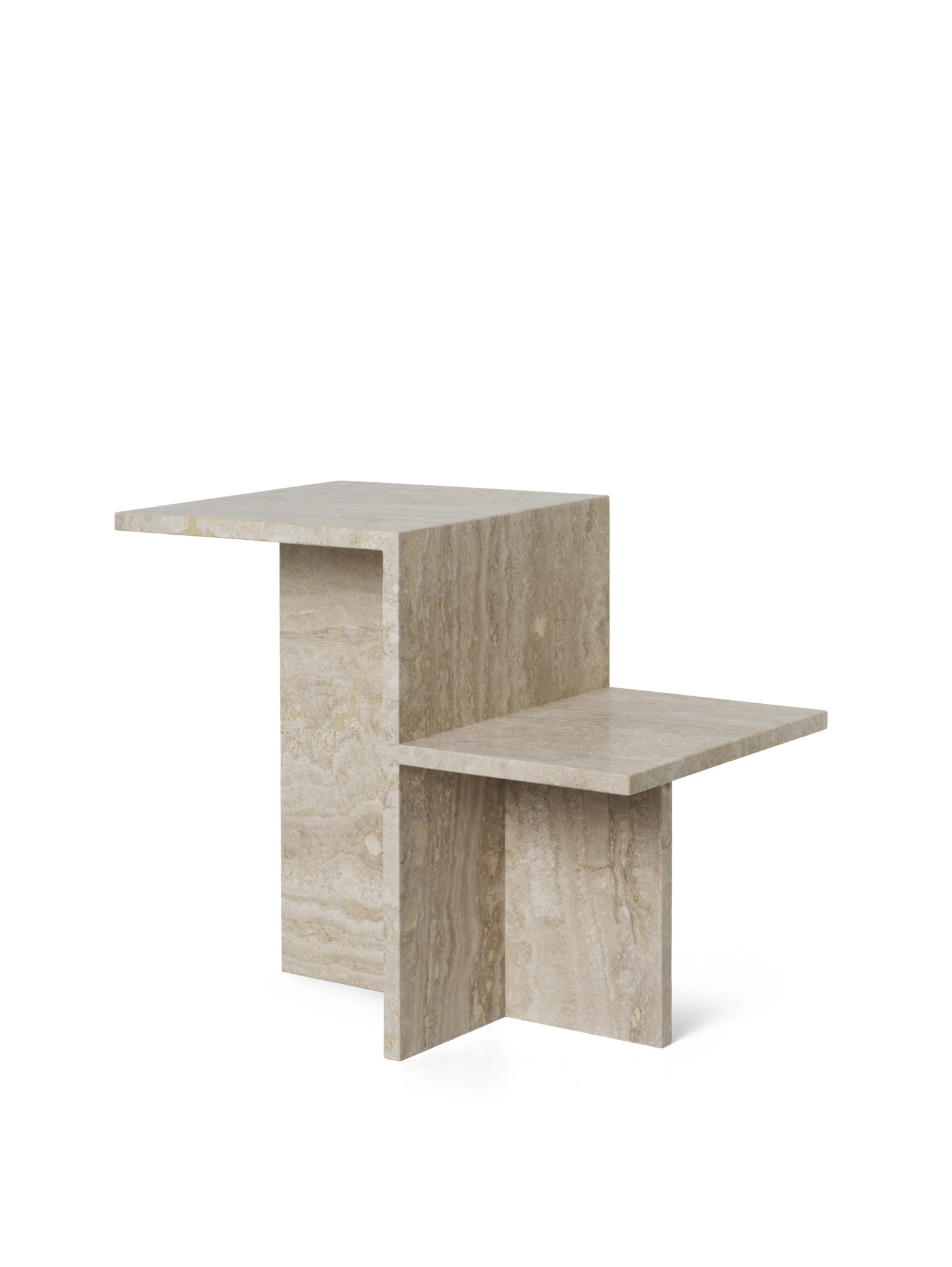 Distinct Beistelltisch aus Travertin von Ferm Living: Moderner, zweistufiger Tisch aus Naturstein.